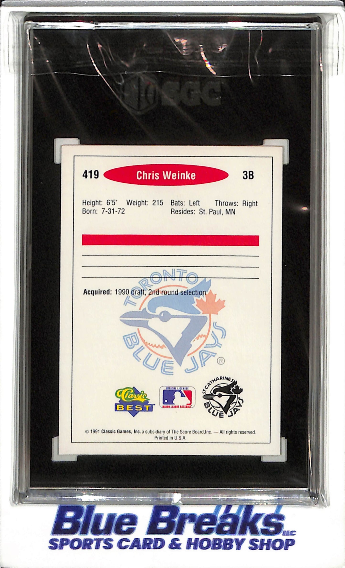 1991 Classic Best - Chris Weinke - SGC9.5 - #419 - Baseball - Blue Jay's