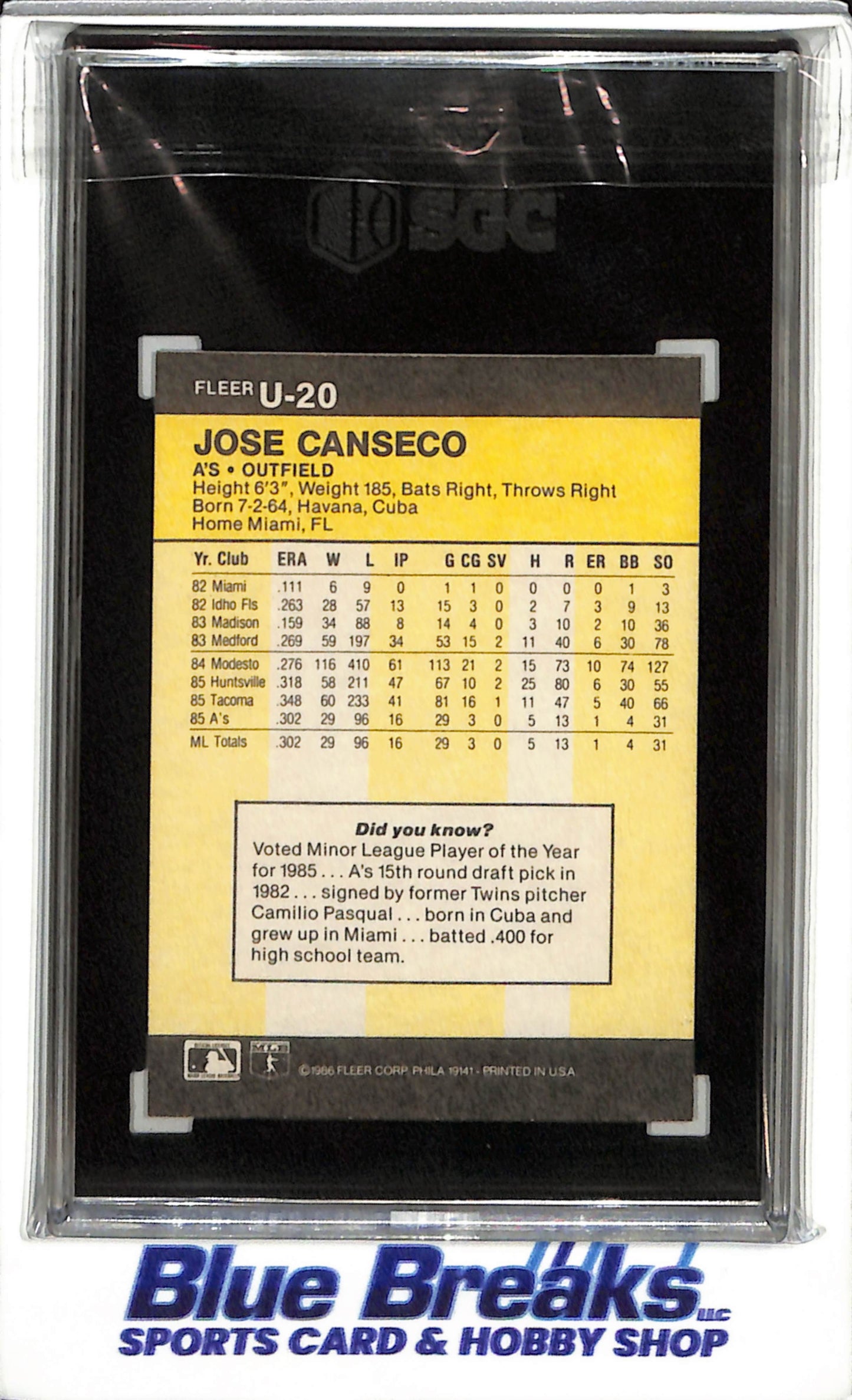 1986 Fleer - Update - Jose Canseco - SGC8.5 - #U-20 - Baseball - Athletics