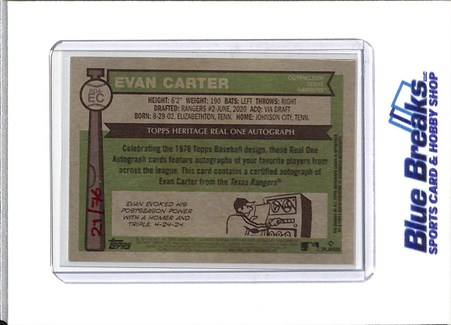 2025 Topps - Heritage - Autographed - Evan Carter - 21/76 - #ROA-EC - Baseball - Rangers