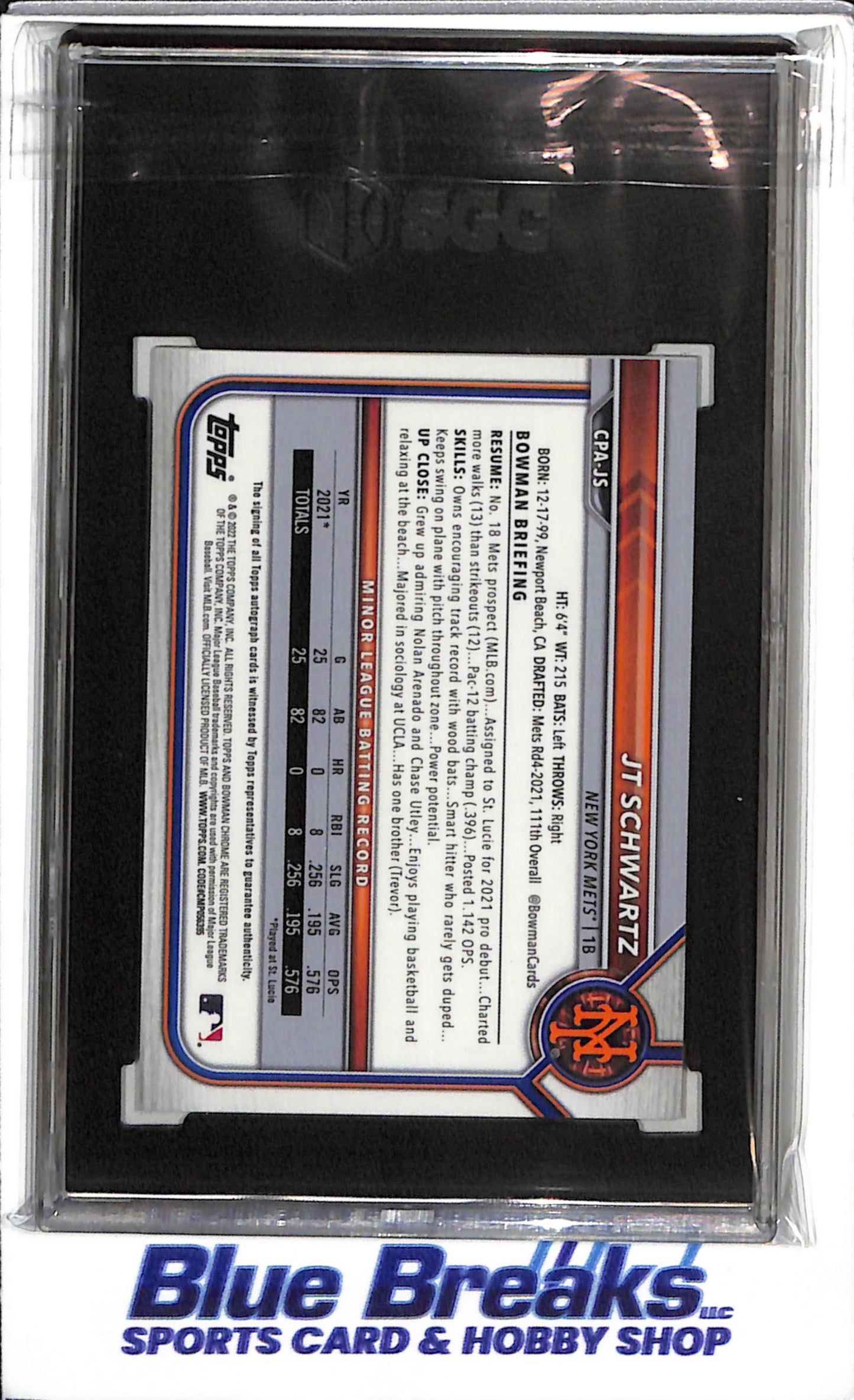 2022 Topps - Bowman Chrome - Green Atomic Refractor - Autographed - JT Schwartz - SGC9 - 67/99 - #CPA-JS - Baseball - Mets - drop