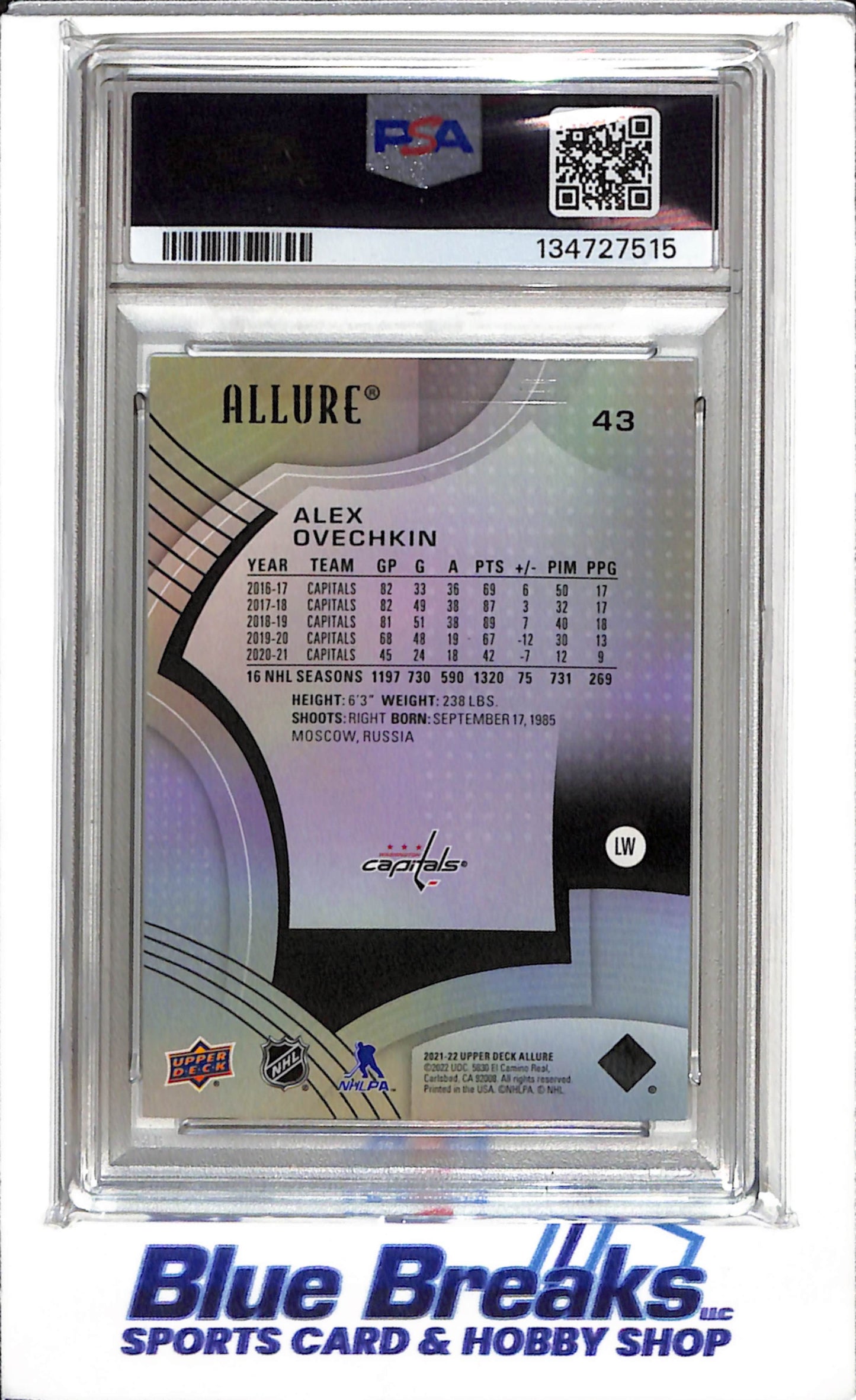 2021 Upper Deck - Allure - Alex Ovechkin - PSA10 - #43 - Ice Hockey - Capitals - drop