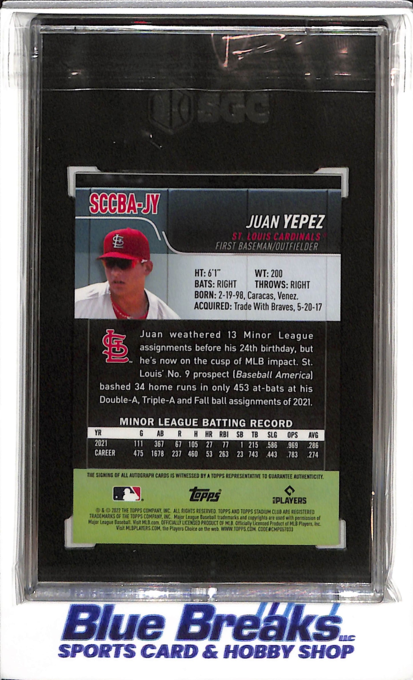 2022 Topps - Stadium Club Chrome - Autographed - Juan Yepez - SGC10 - #SCCBA-JY - Baseball - Cardinals - drop