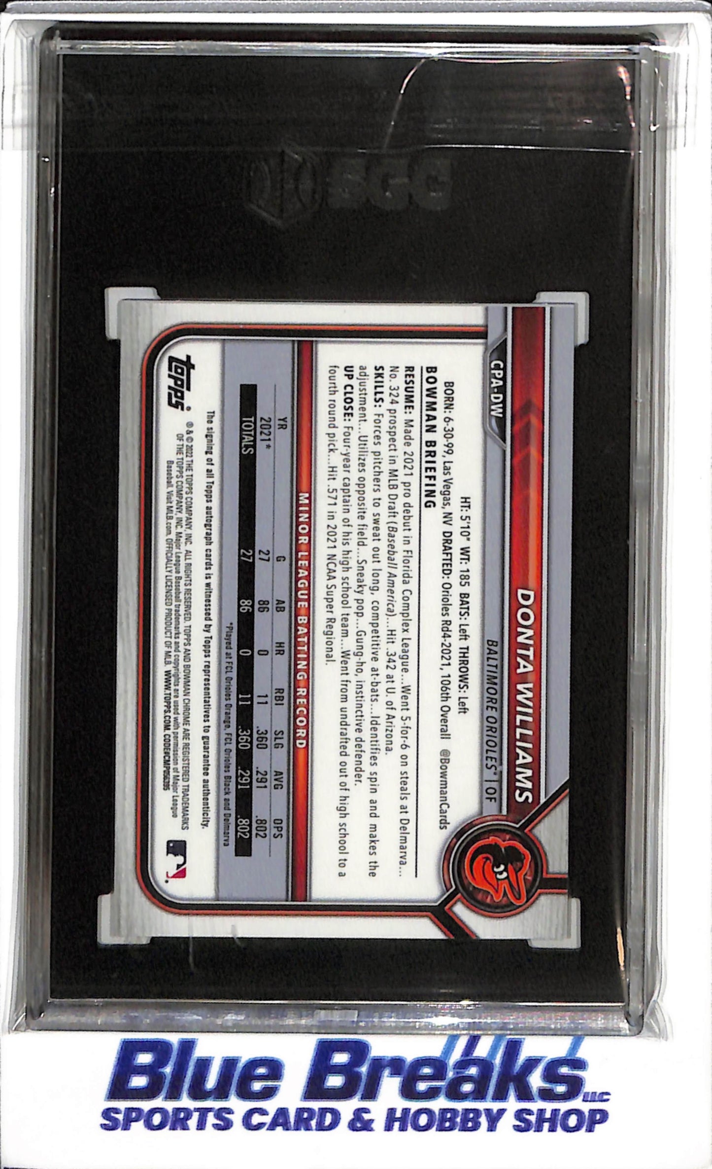 2022 Topps - Bowman Chrome - Prospects Auto - Blue Raywave Refractor - Donta Williams - SGC10 - #CPA-DW - Baseball - Orioles - drop
