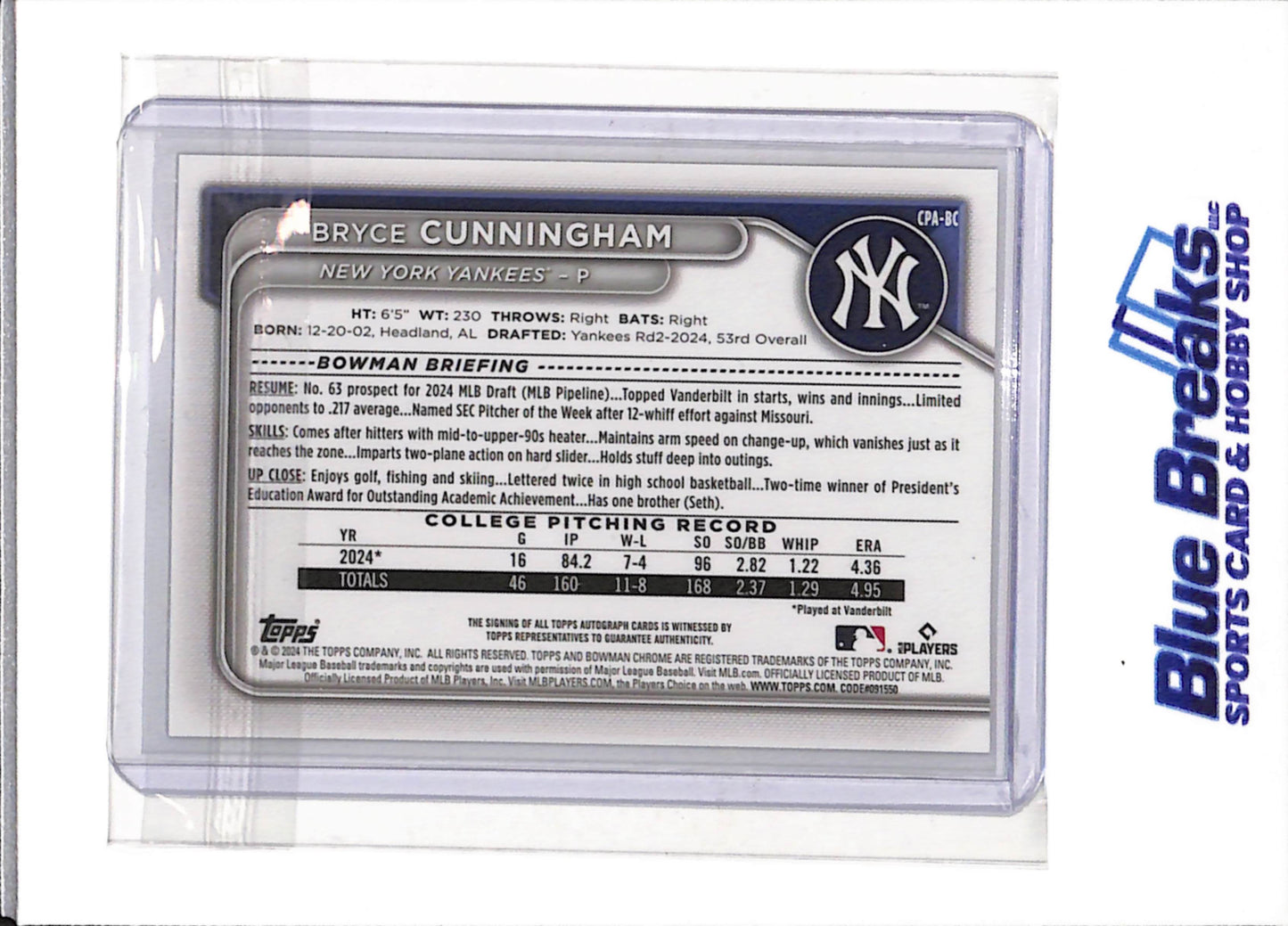 2024 Bowman Chrome - Auto - Silver Sparkle - Bryce Cunningham - 10/71 - CPA-BC - Baseball - Yankees