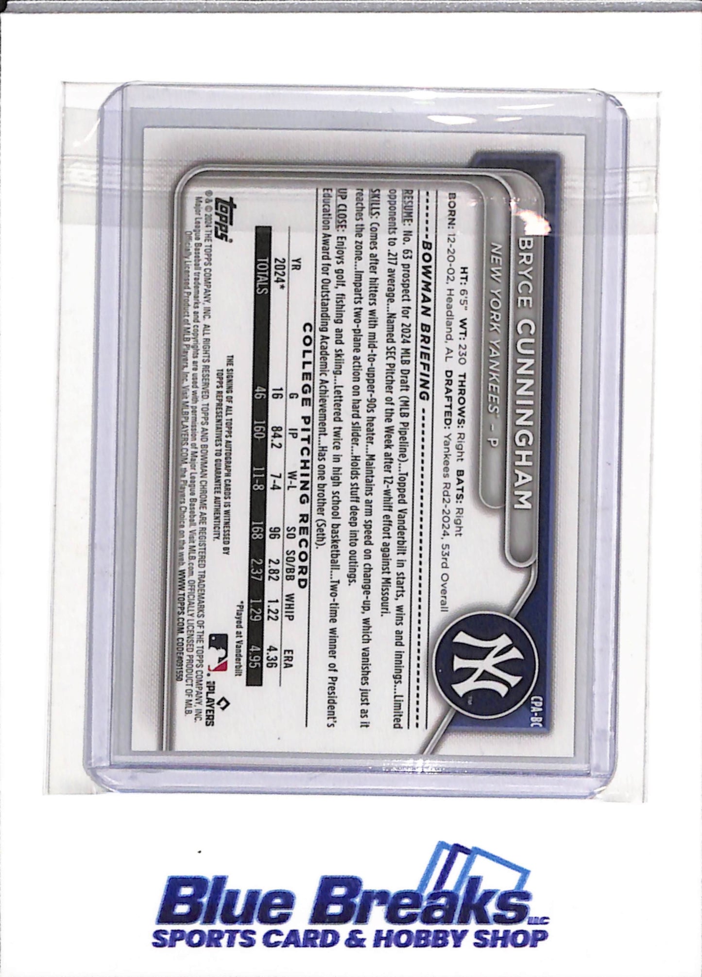 2024 Topps - Bowman Chrome - Auto - Silver Sparkle - Bryce Cunningham - 10/71 - CPA-BC - Baseball - Yankees - drop