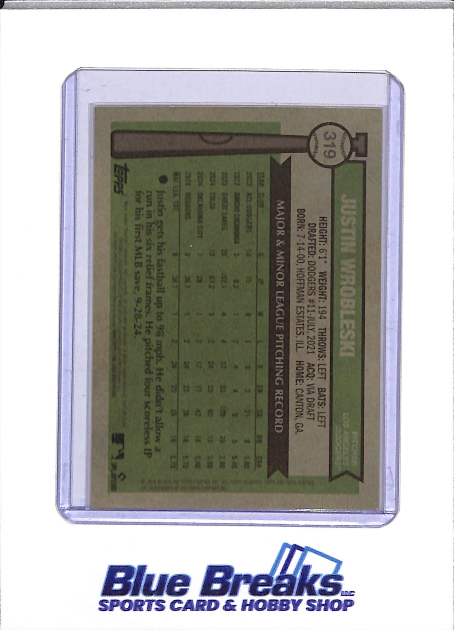2025 Topps - Heritage - Rookie Card - Justin Wrobleski - 03/25 - #319 - Baseball - Dodgers - drop