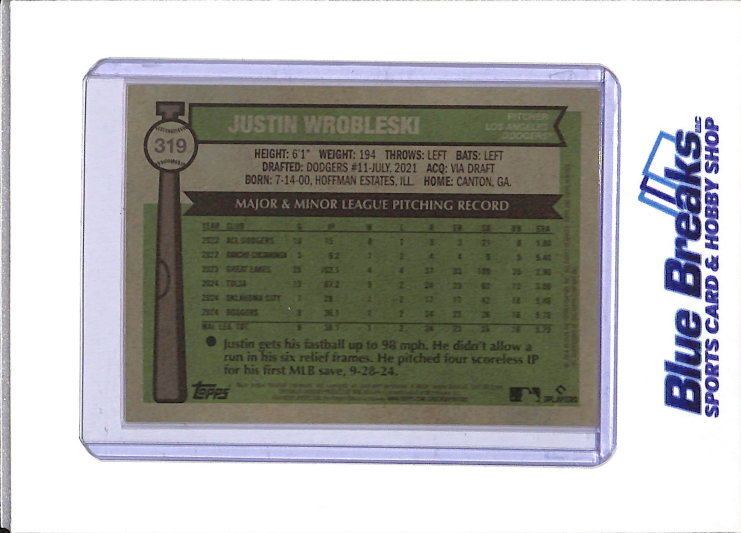 2025 Topps - Heritage - Rookie Card - Justin Wrobleski - 03/25 - #319 - RC - Baseball - Dodgers