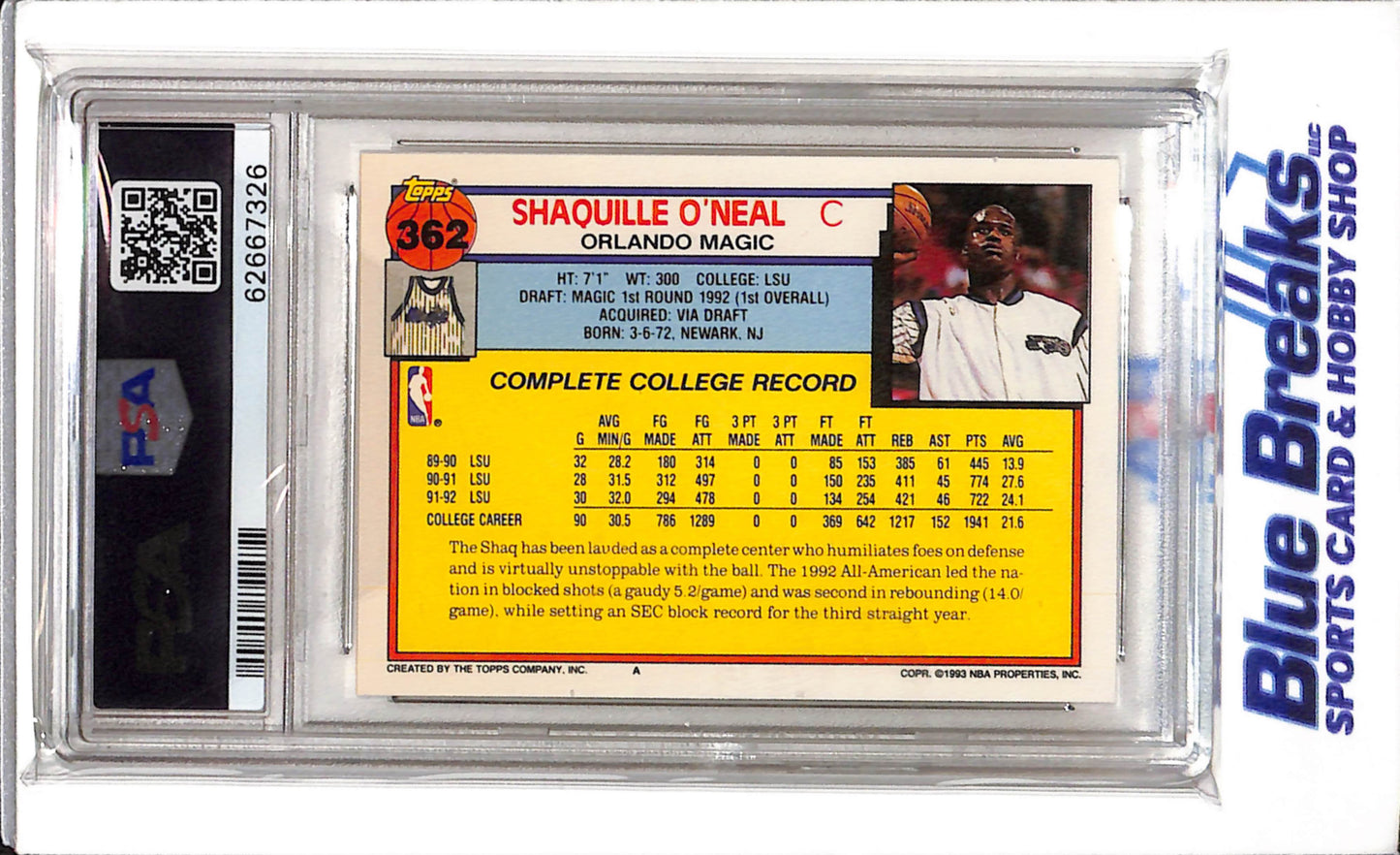 1992 Topps - Draft Pick - Shaquille O'Neal - PSA 7 - #362 - Basketball - Magic