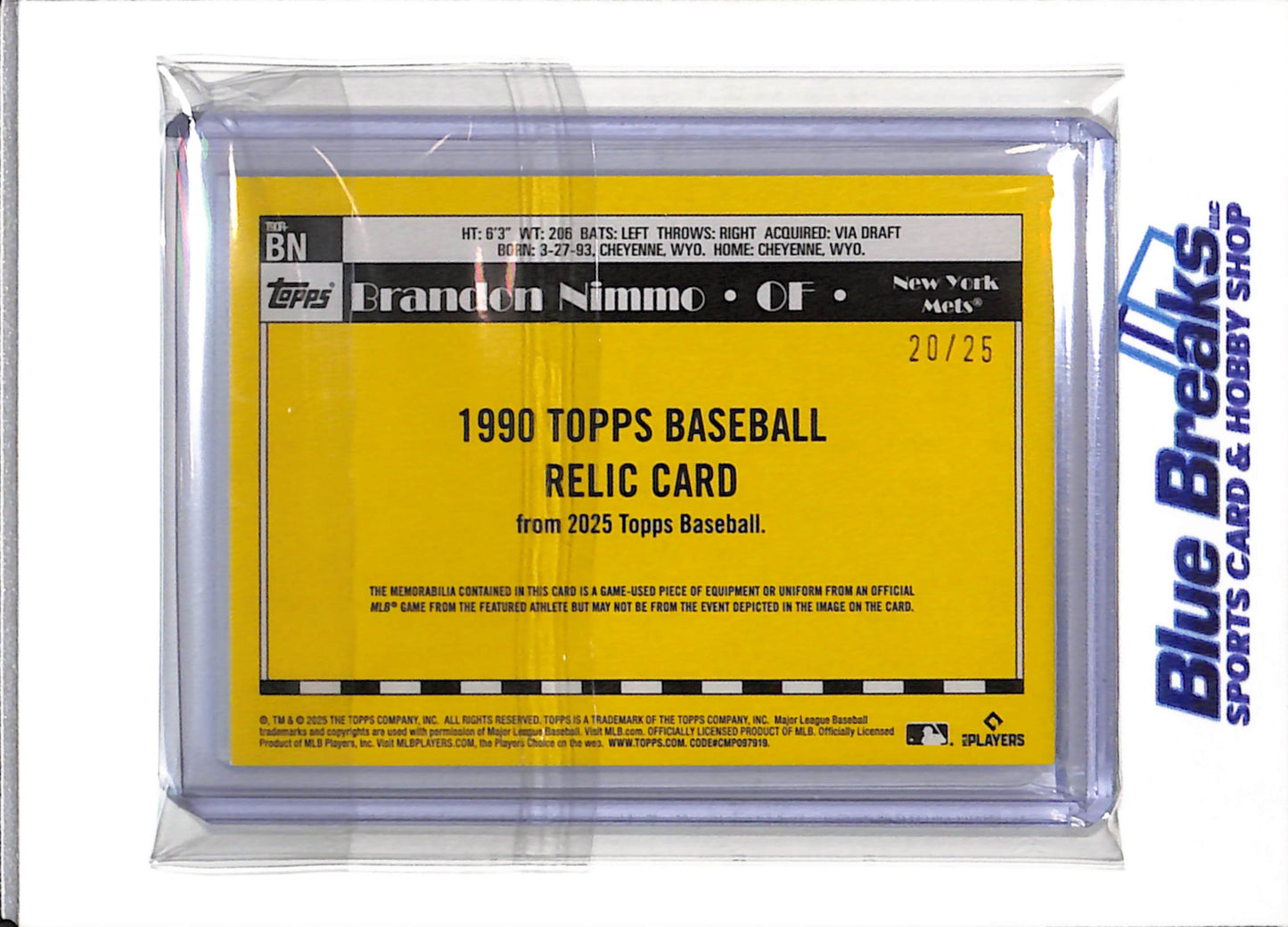 2025 Topps - 35th Anniversary - Game Used Relic - Brandon Nimmo - 20/25 - #BN - Baseball - Mets