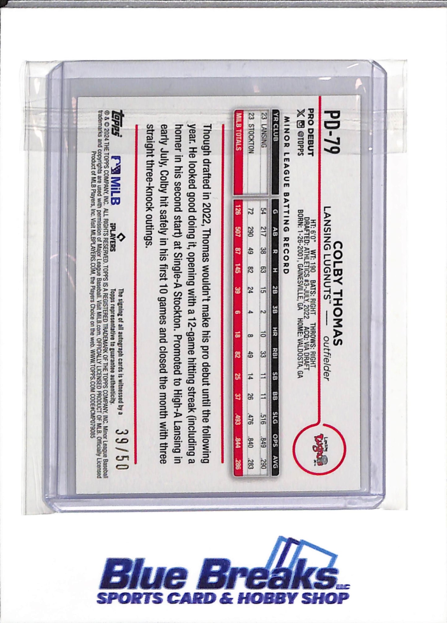 2024 Topps - Pro Debut - Auto - Gold Border - Colby Thomas - 39/50 - #PD-79 - Baseball - Lugnuts - drop