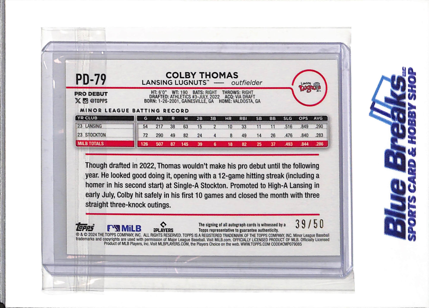 2024 Topps - Pro Debut - Auto - Gold Border - Colby Thomas - 39/50 - #PD-79 - Baseball - Lugnuts - Athletics