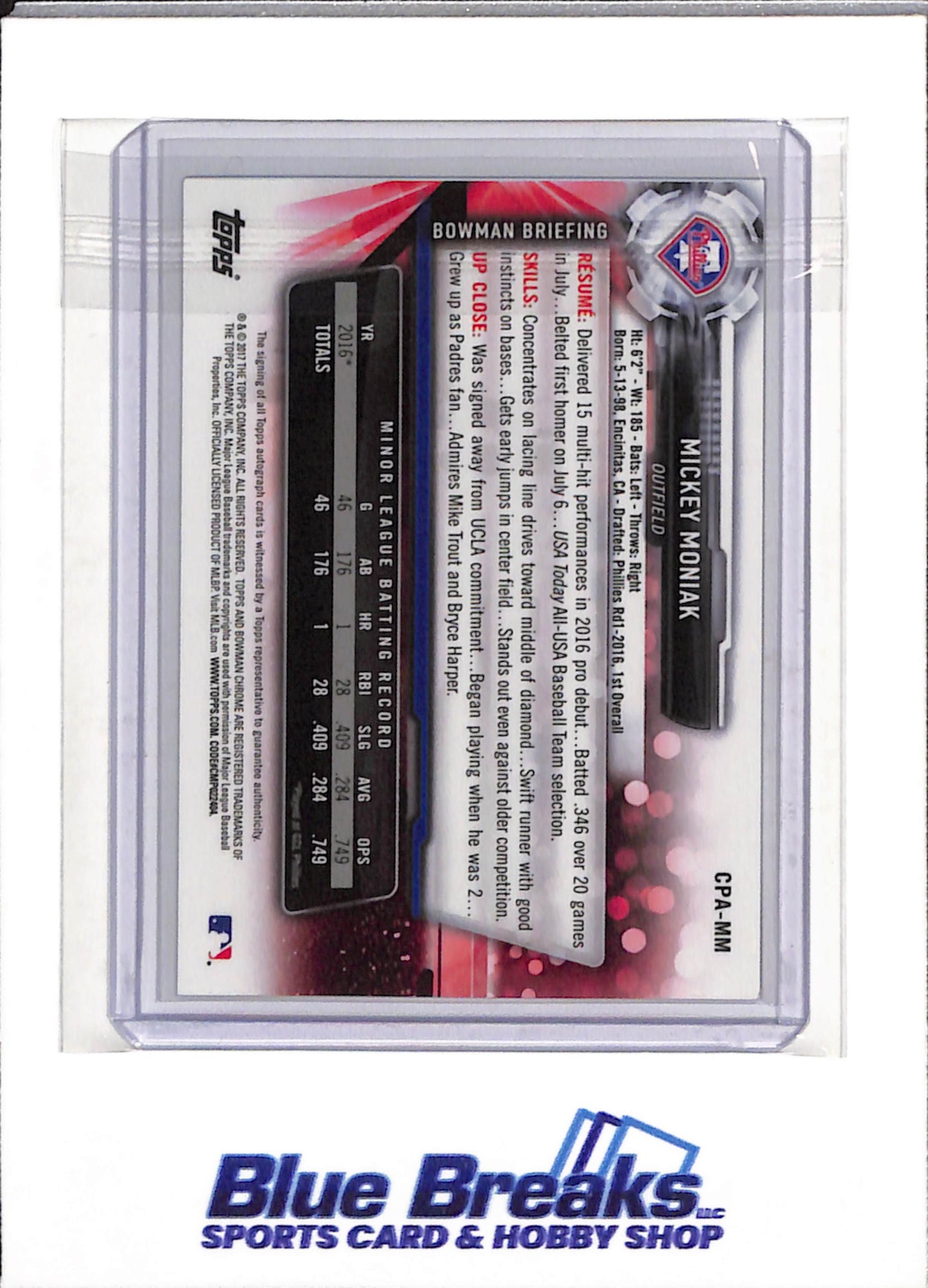 2017 Topps - Bowman Chrome - Auto - Mickey Moniak - #CPA-MM - Baseball - Phillies - drop