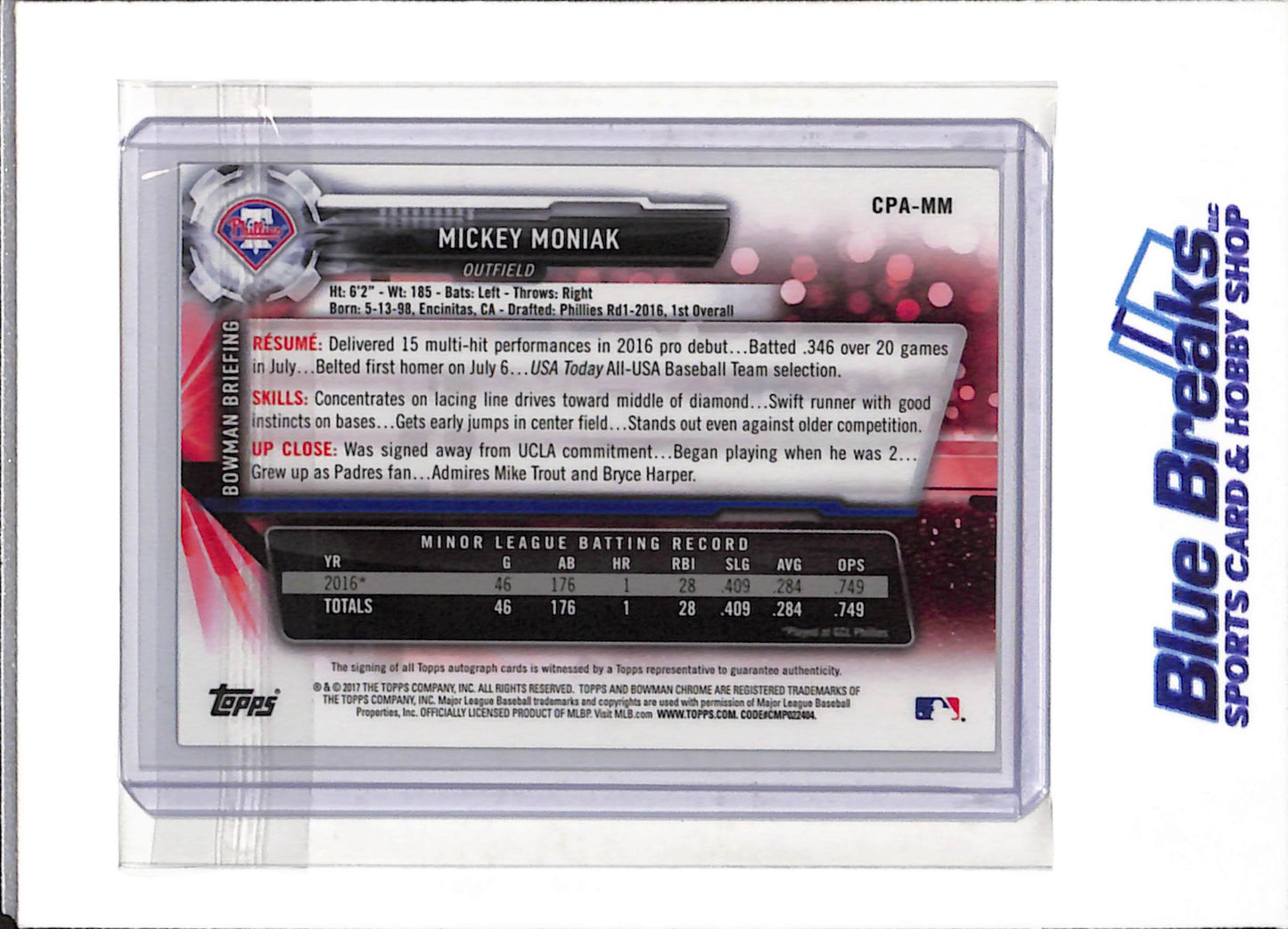 2017 Bowman Chrome - Auto - Mickey Moniak - #CPA-MM - Baseball - Phillies