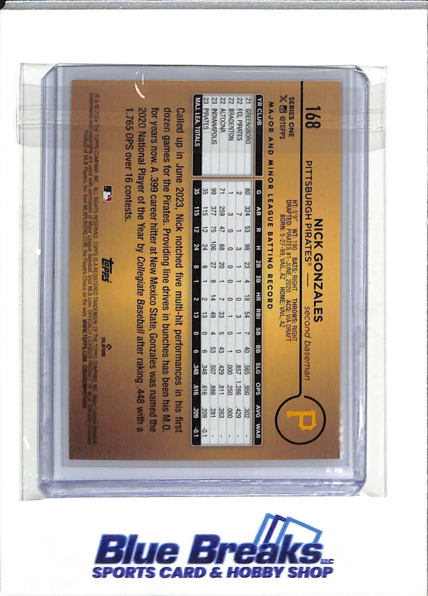 2024 Topps - Rookie Card - Series One - Nick Gonzales - #168 - Baseball - Pirates - drop