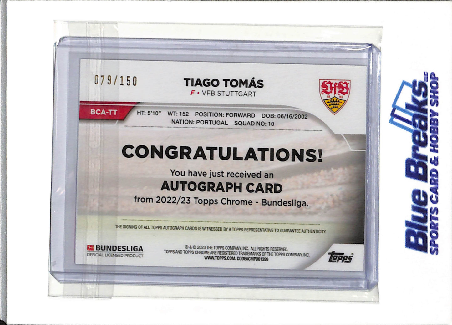 2023 Topps Chrome - Pink - Auto - Tiago Tomas - 079/150 - #BCA-TT - Soccer - Stuttgart