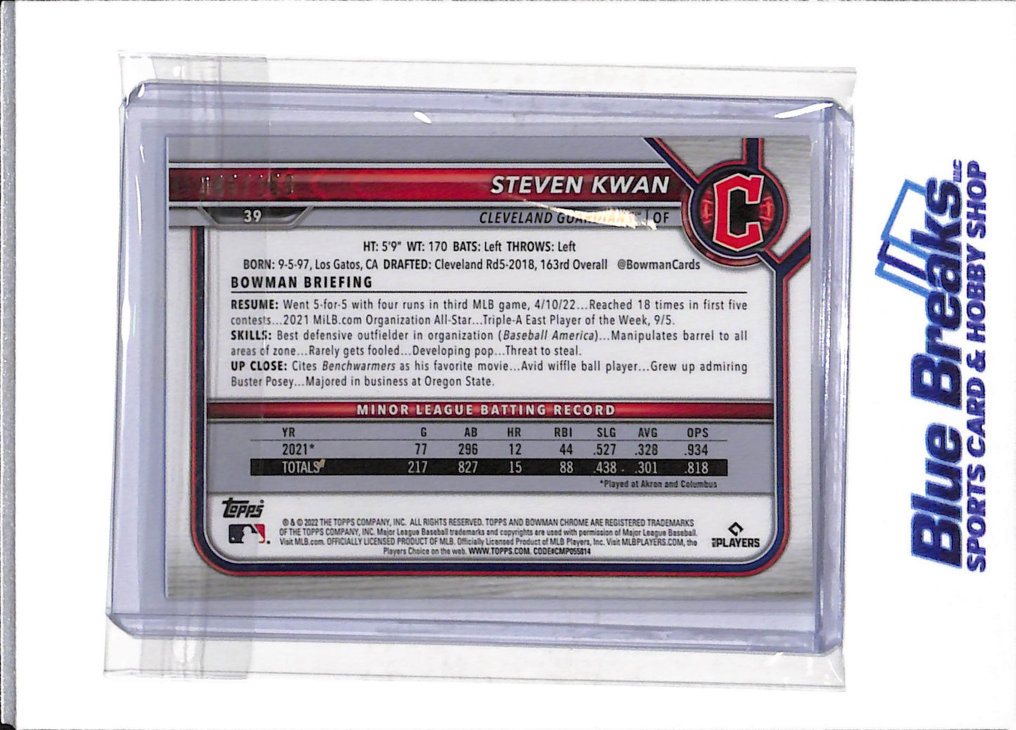2022 Bowman Chrome - Rookie Card - Blue Foil - Steven Kwan - 045/150 - #39 - Baseball - Guardians