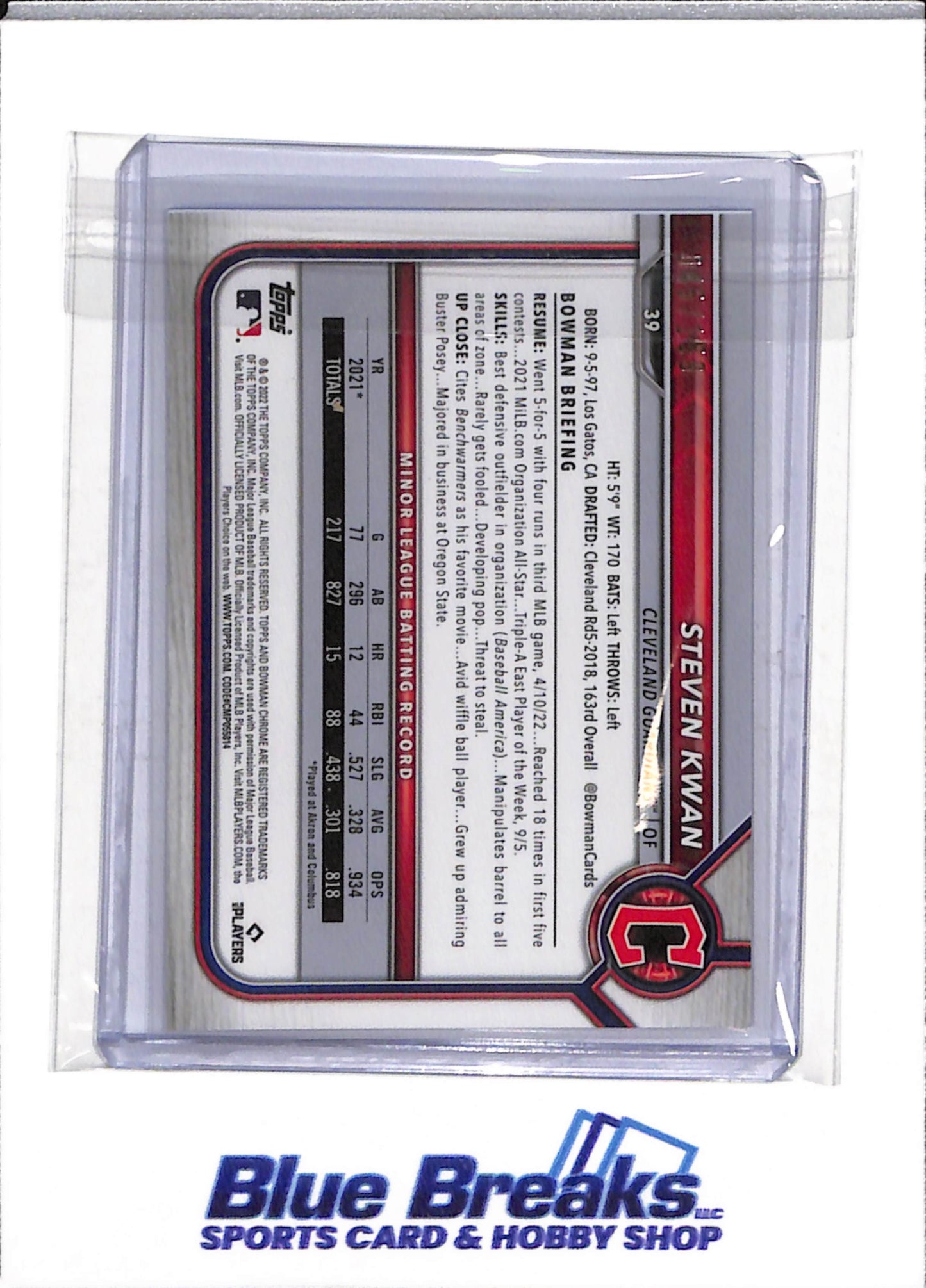 2022 Topps - Bowman Chrome - Rookie Card - Blue Foil - Steven Kwan - 045/150 - #39 - Baseball - Guardians - drop
