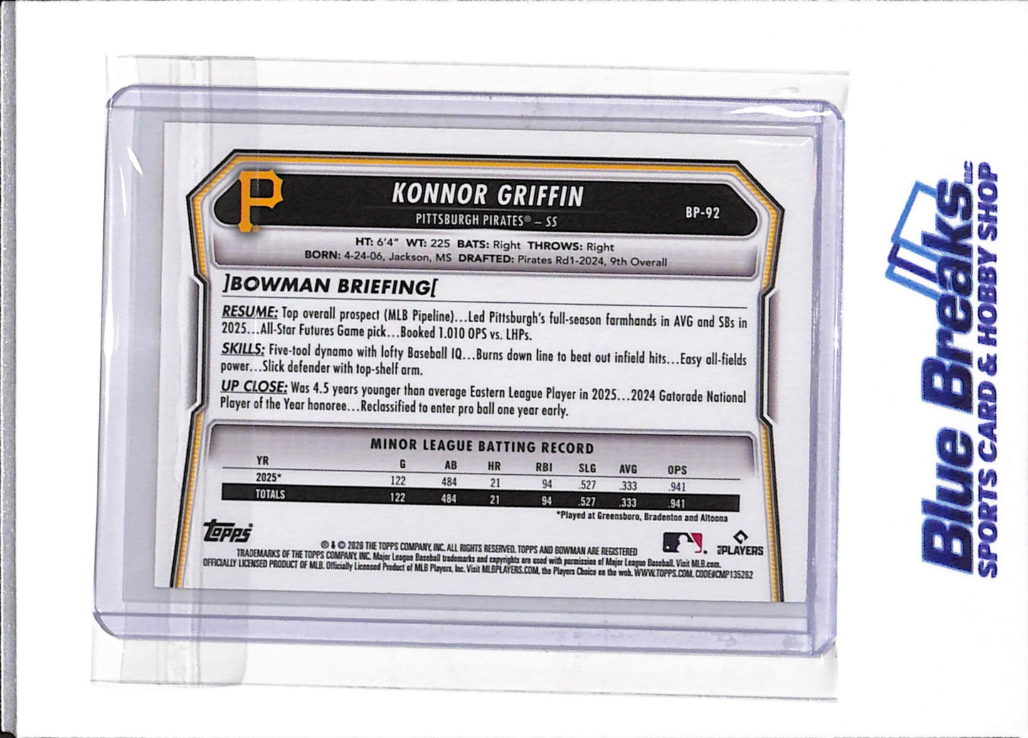 2026 Bowman - Scorecard Border - Konnor Griffin - 25/50 - #BP-92 - Baseball - Pirates