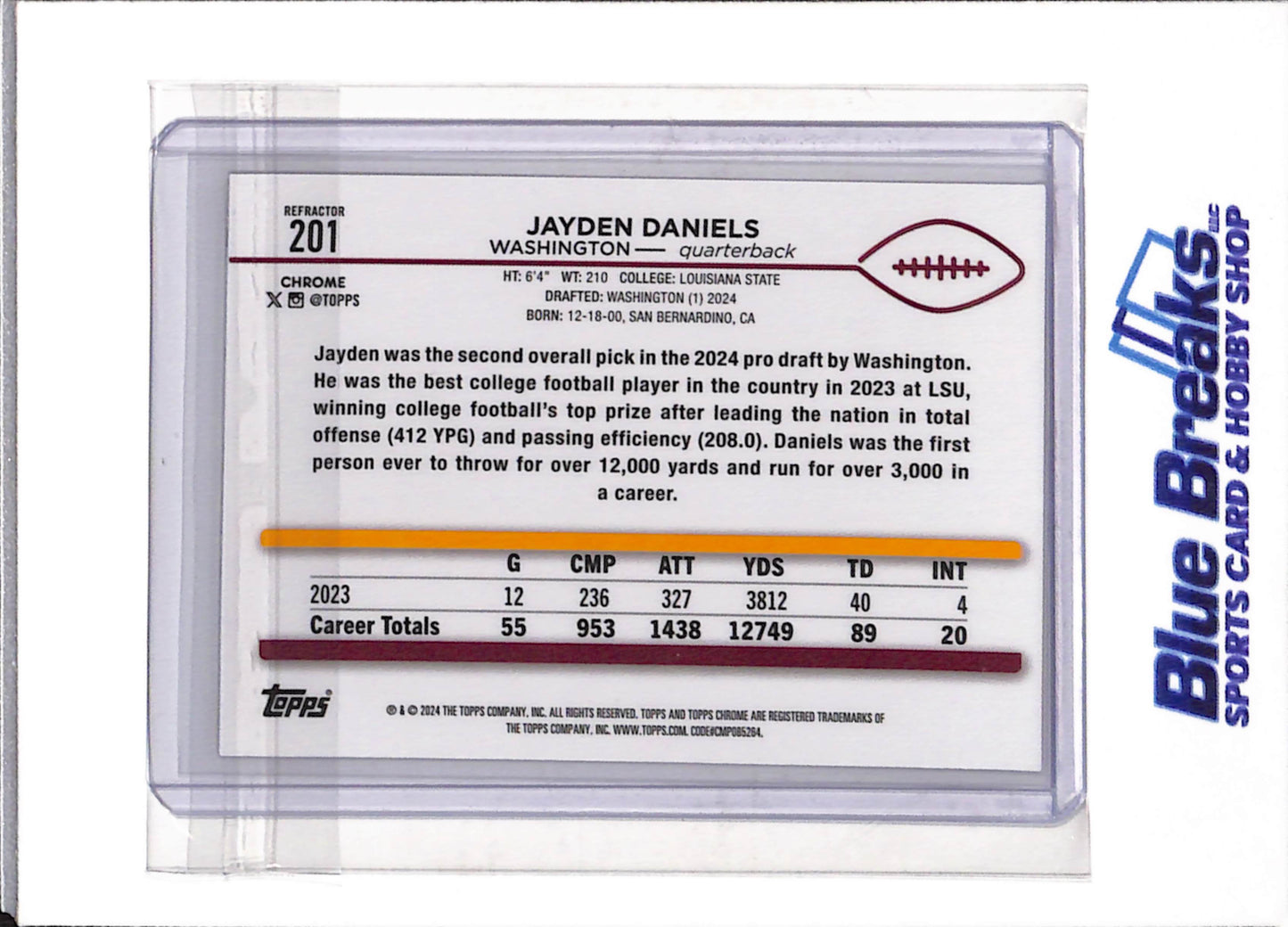 2024 Topps - Chrome - Rookie Card - Black and Silver Refractor - Jayden Daniels - #201 - Football - Commanders