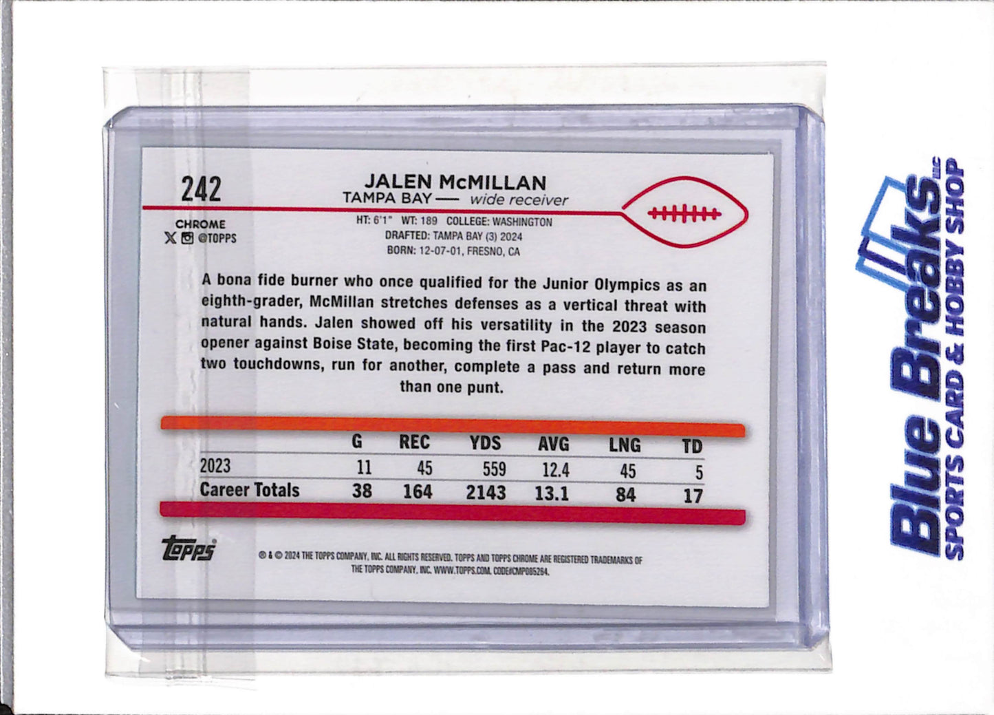 2024 Topps - Chrome - Aqua Refractor - Jalen McMillan - 034/199 - #242 - Football - Buccaneers
