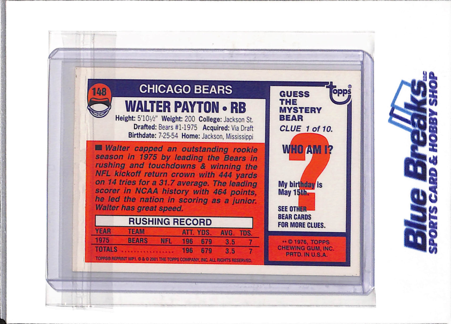 2001 Topps - Commemorative Series - Walter Payton - #148 - Football - Bears
