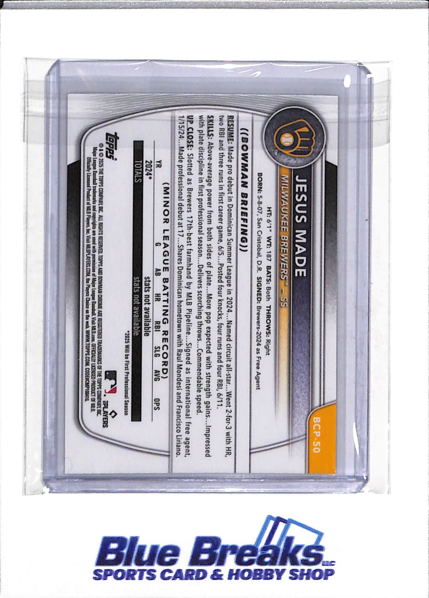2025 Topps - Bowman Chrome - Brown Reptile - Jesus Made - #BCP-50 - Baseball - Brewers - drop