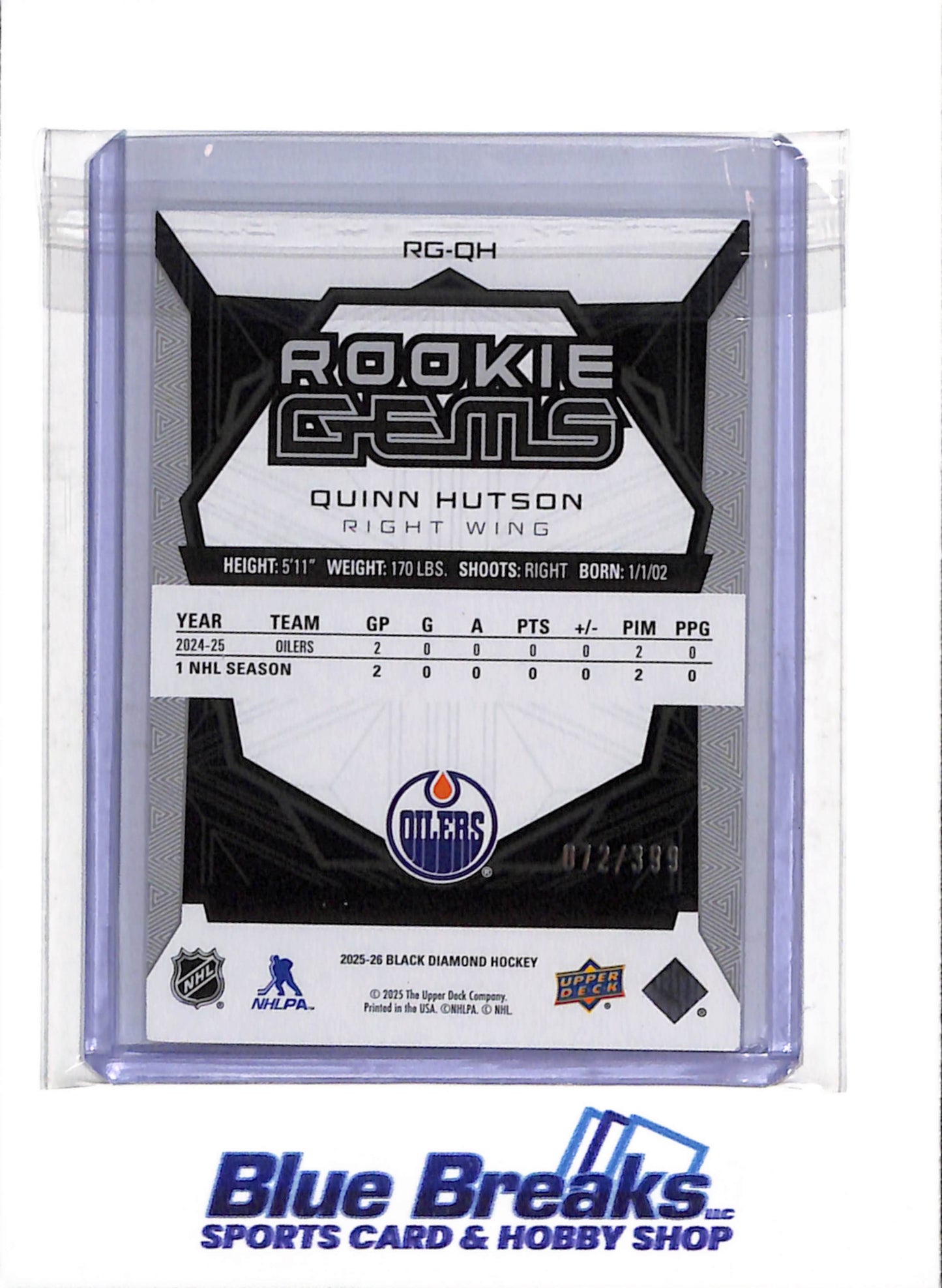 2025-26 Upper Deck - Black Diamond - Rookie Gems - Quinn Hutson - 072/399 - #RG-QH - Ice Hockey - Oilers - drop