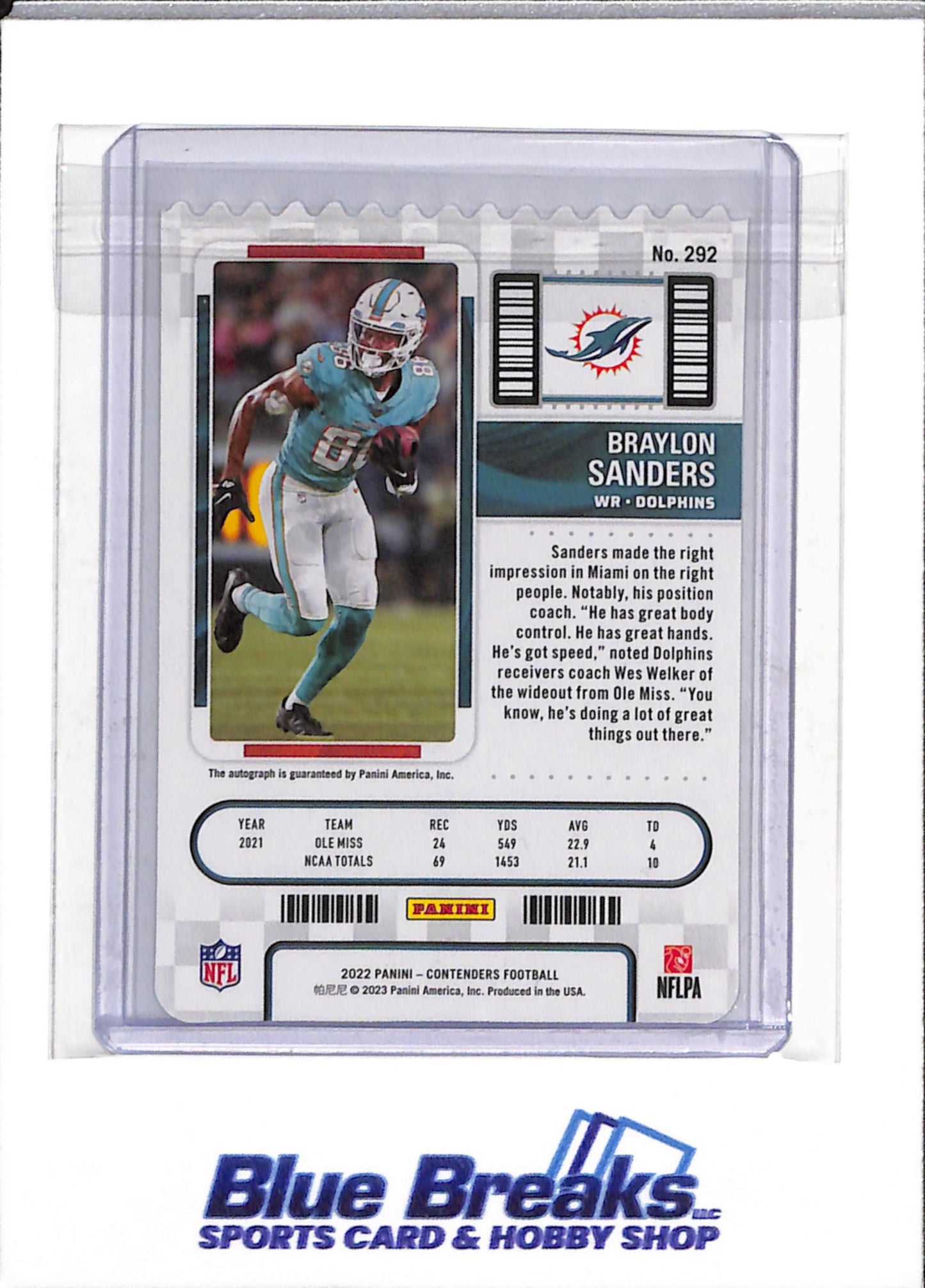 2022 Panini - Contenders - Ticket - Rookie Card - Braylon Sanders - 79/86 - #292 - Football - Dolphins - drop