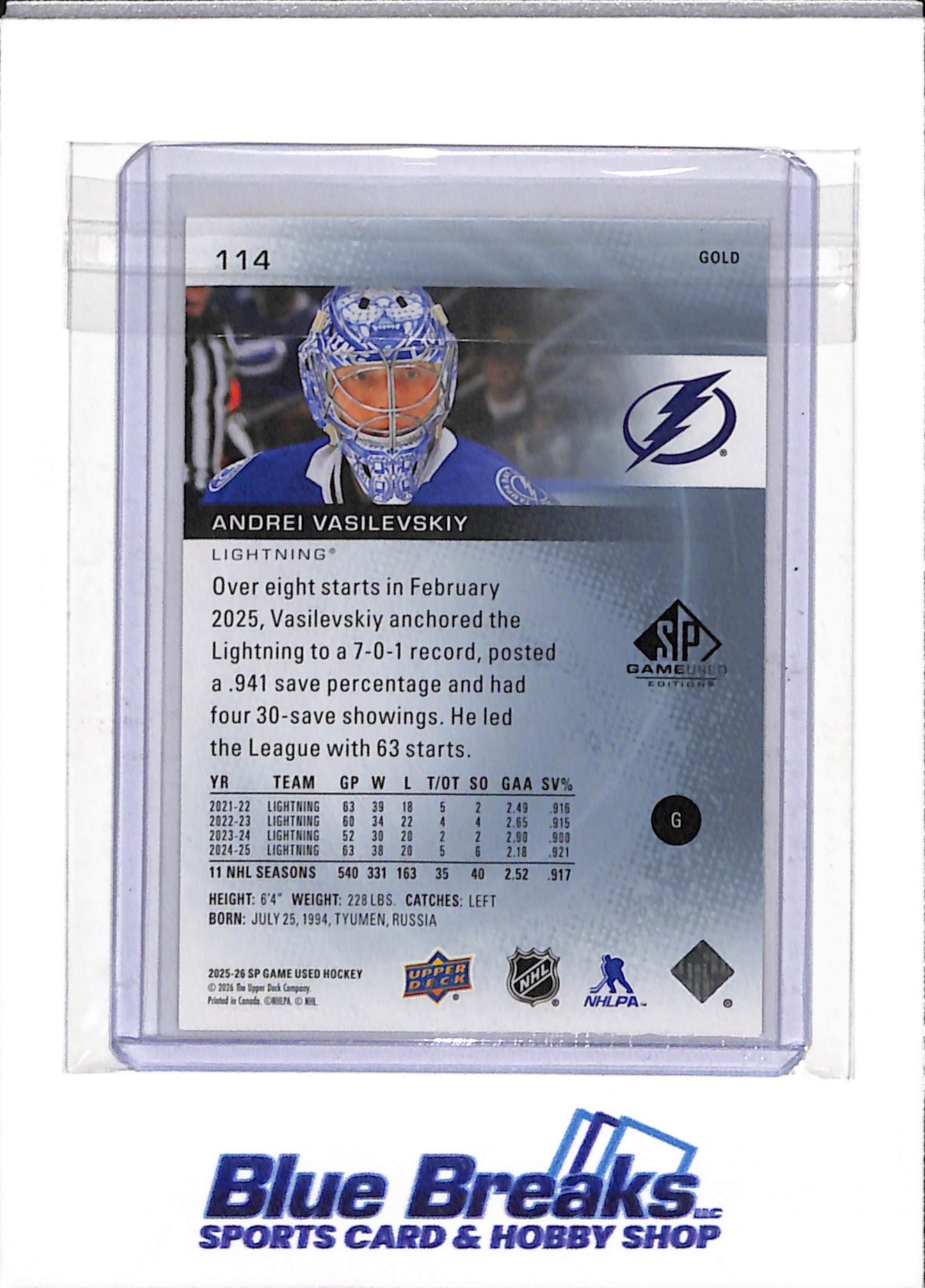 2025-26 Upper Deck - Game Used - Gold - Andrei Vasilevskiy - 094/149 - #114 - Ice Hockey - Lightning - drop