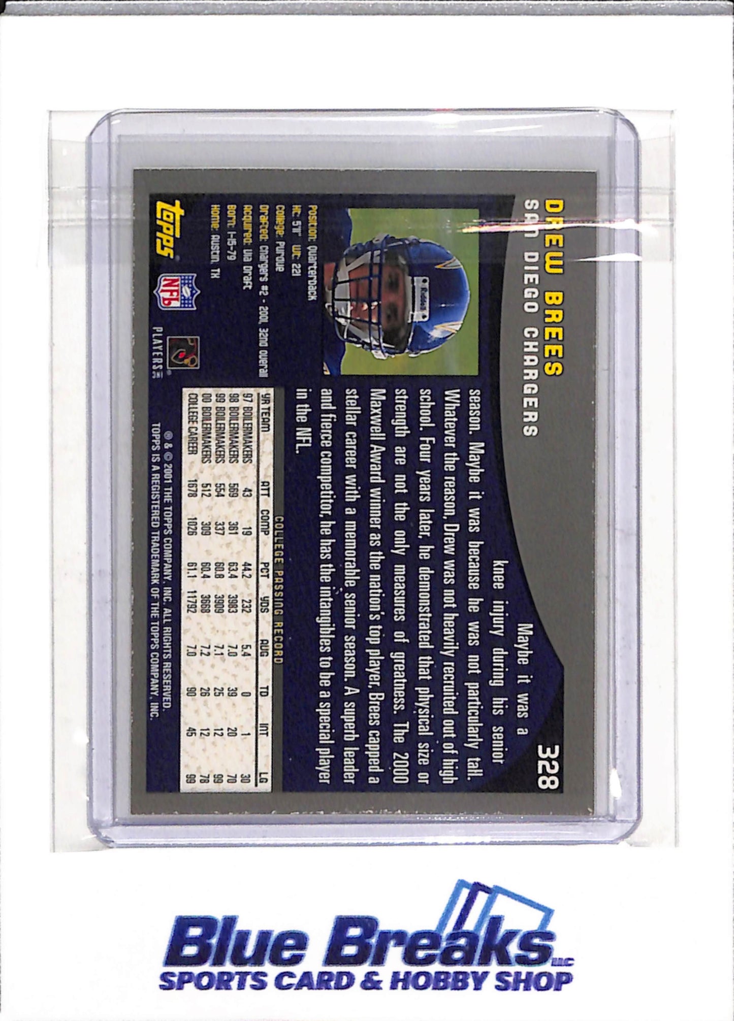 2001 Topps - Rookie Card - Drew Brees - #328 - Football - Chargers - drop