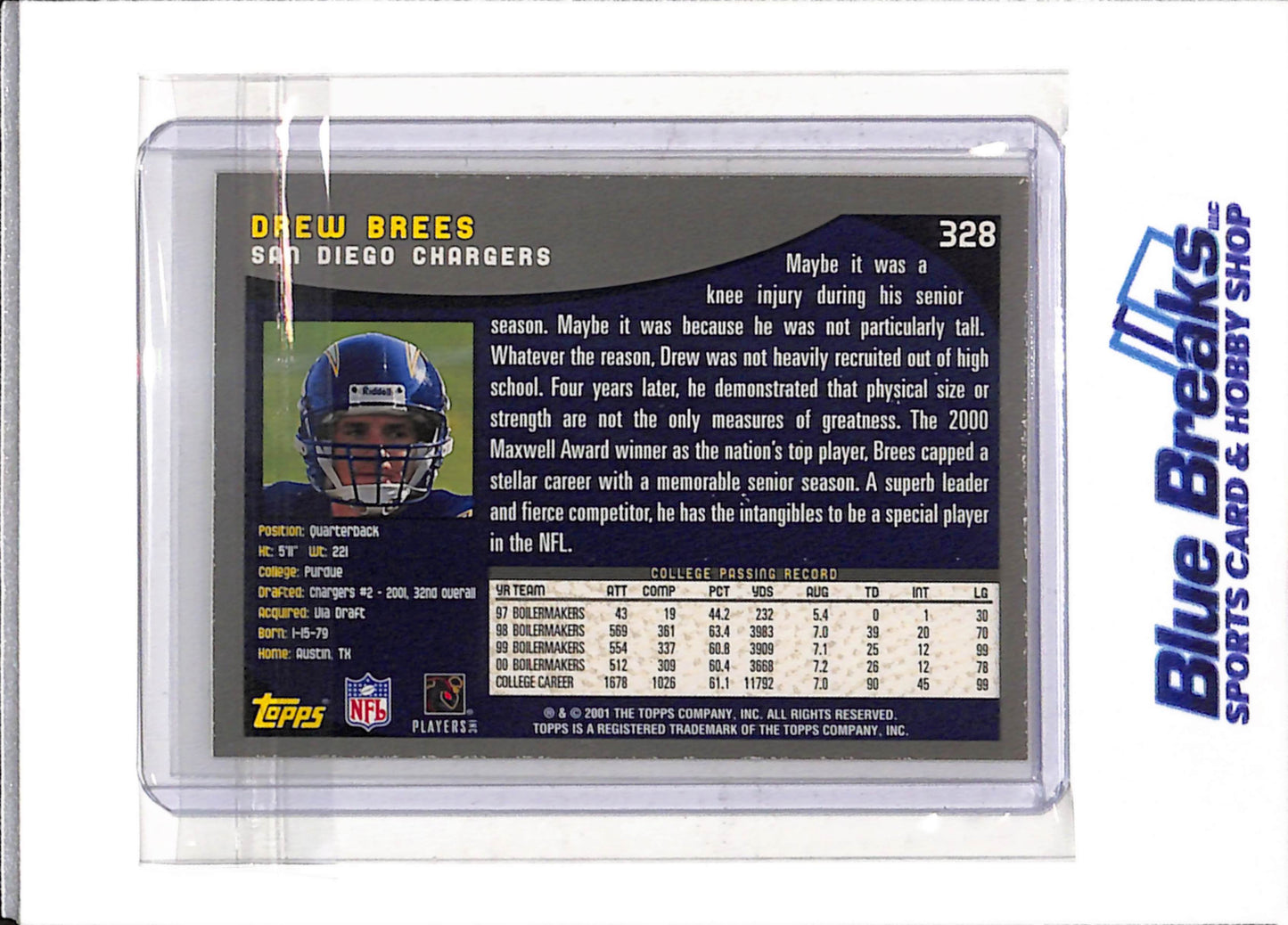 2001 Topps - Rookie Card - Drew Brees - #328 - Football - Chargers