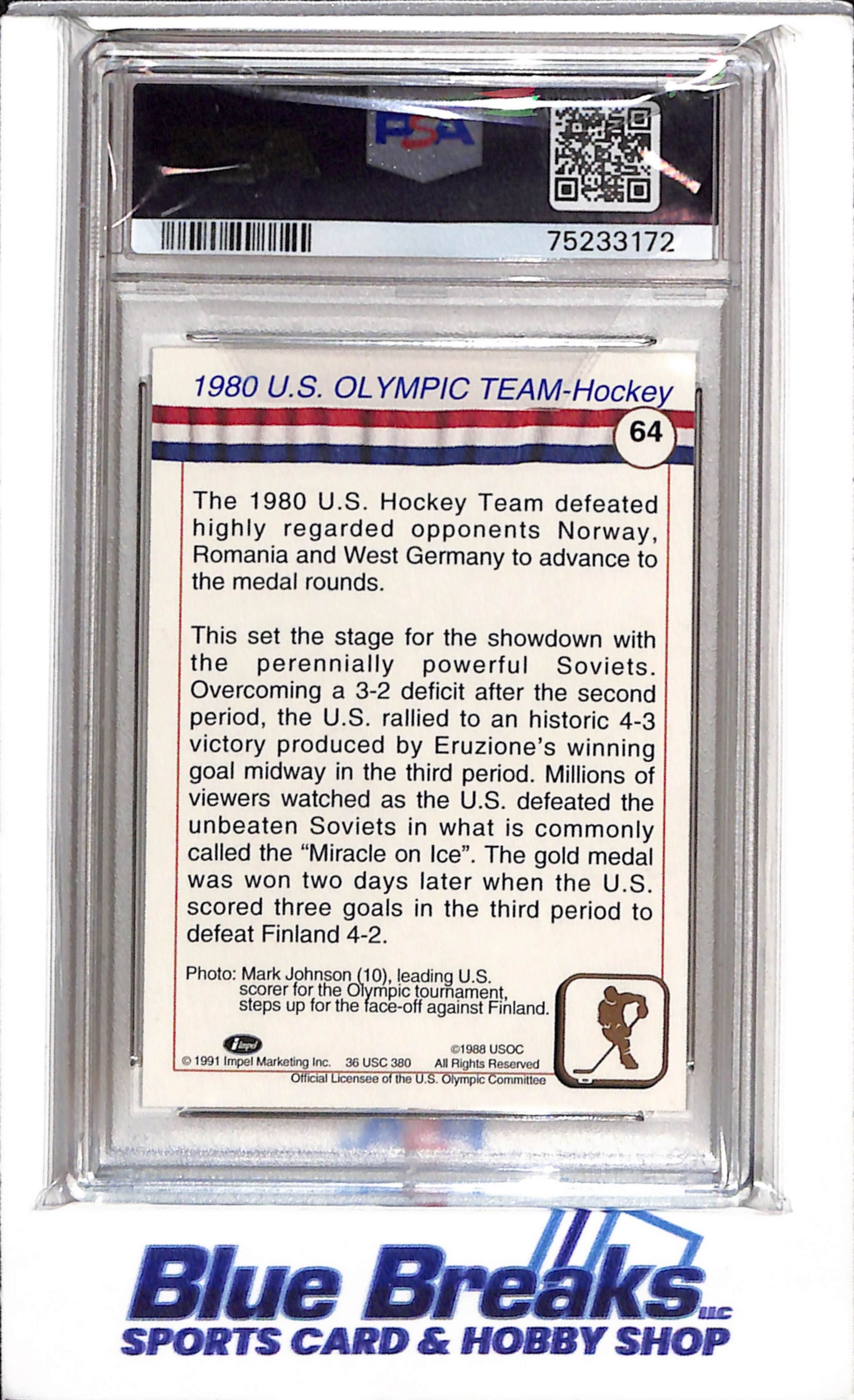 1991 Impel - US Olympic - Hall of fame - 1980 U.S. Olympic Team - PSA10 - #64 - Ice Hockey - drop