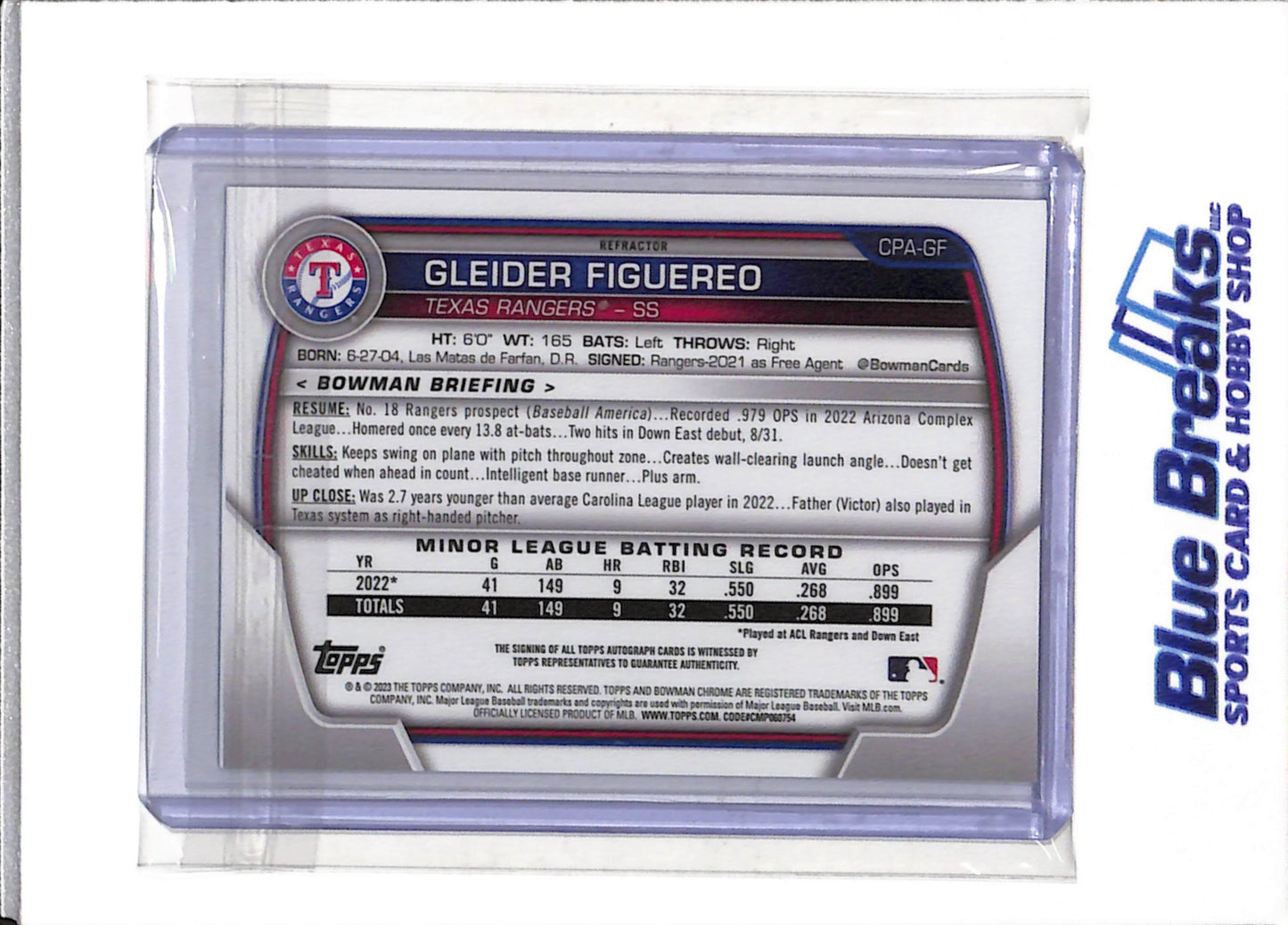 2023 Topps- Bowman Chrome - Silver Refractor - Gleider Figuereo - auto - 378/499 - #CPA-GF - Baseball - Rangers - drop