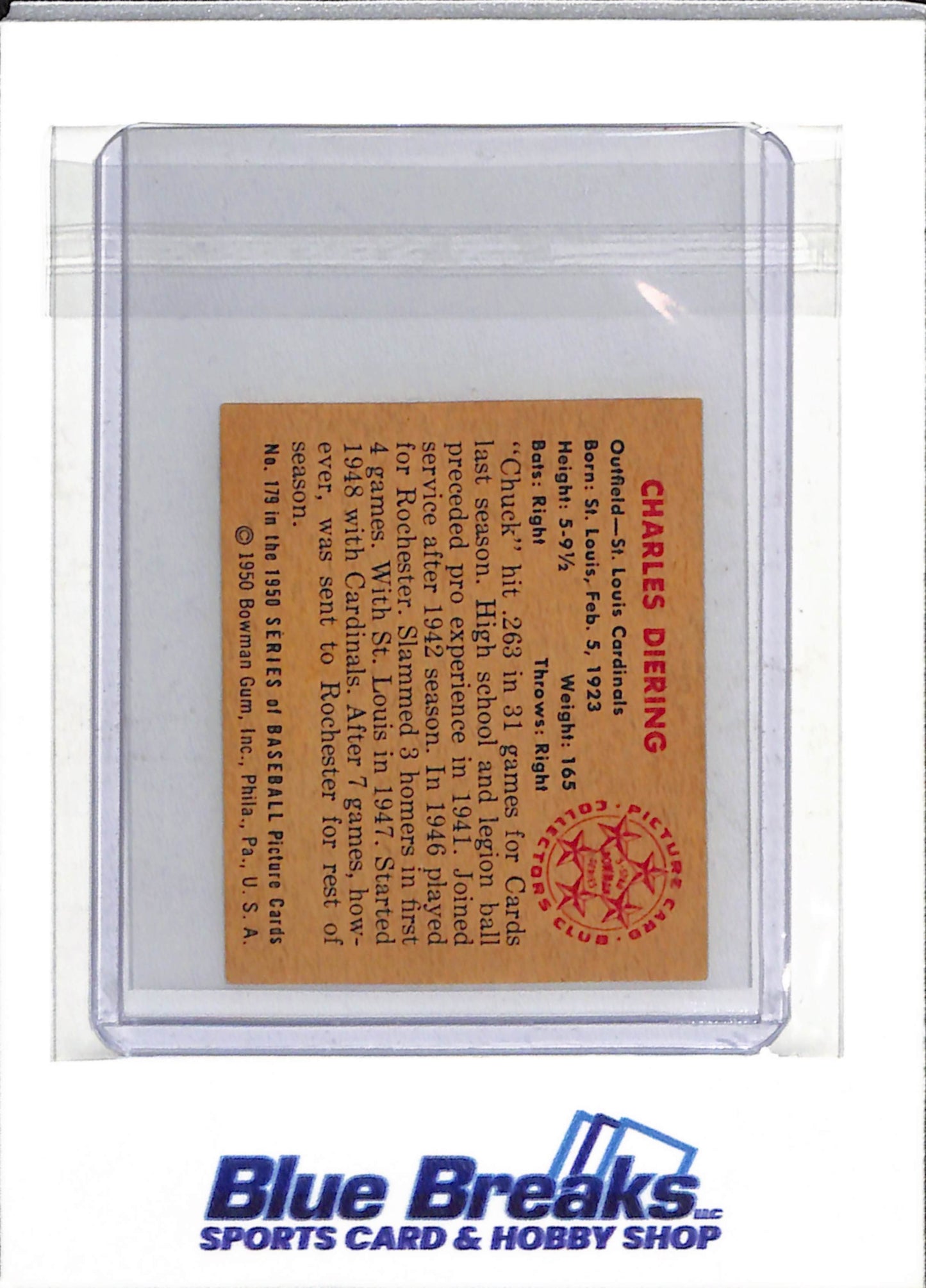 1950 - Bowman - Picture Card - Collectors Club - Charles Diering - #179 - Baseball - Cardinals - drop