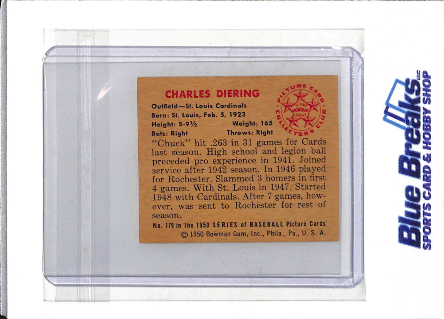 1950 - Bowman - Picture Card - Collectors Club - Charles Diering - #179 - Baseball - Cardinals