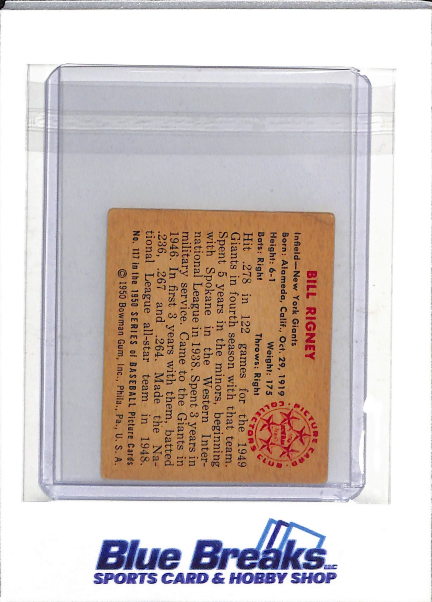 1950 Bowman - Picture Card - Collectors Club - Bill Rigney - #117 - Baseball - Giants - drop