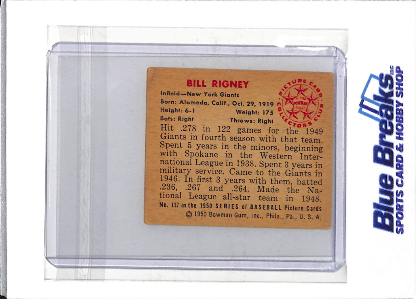1950 Bowman - Picture Card - Collectors Club - Bill Rigney - #117 - Baseball - Giants