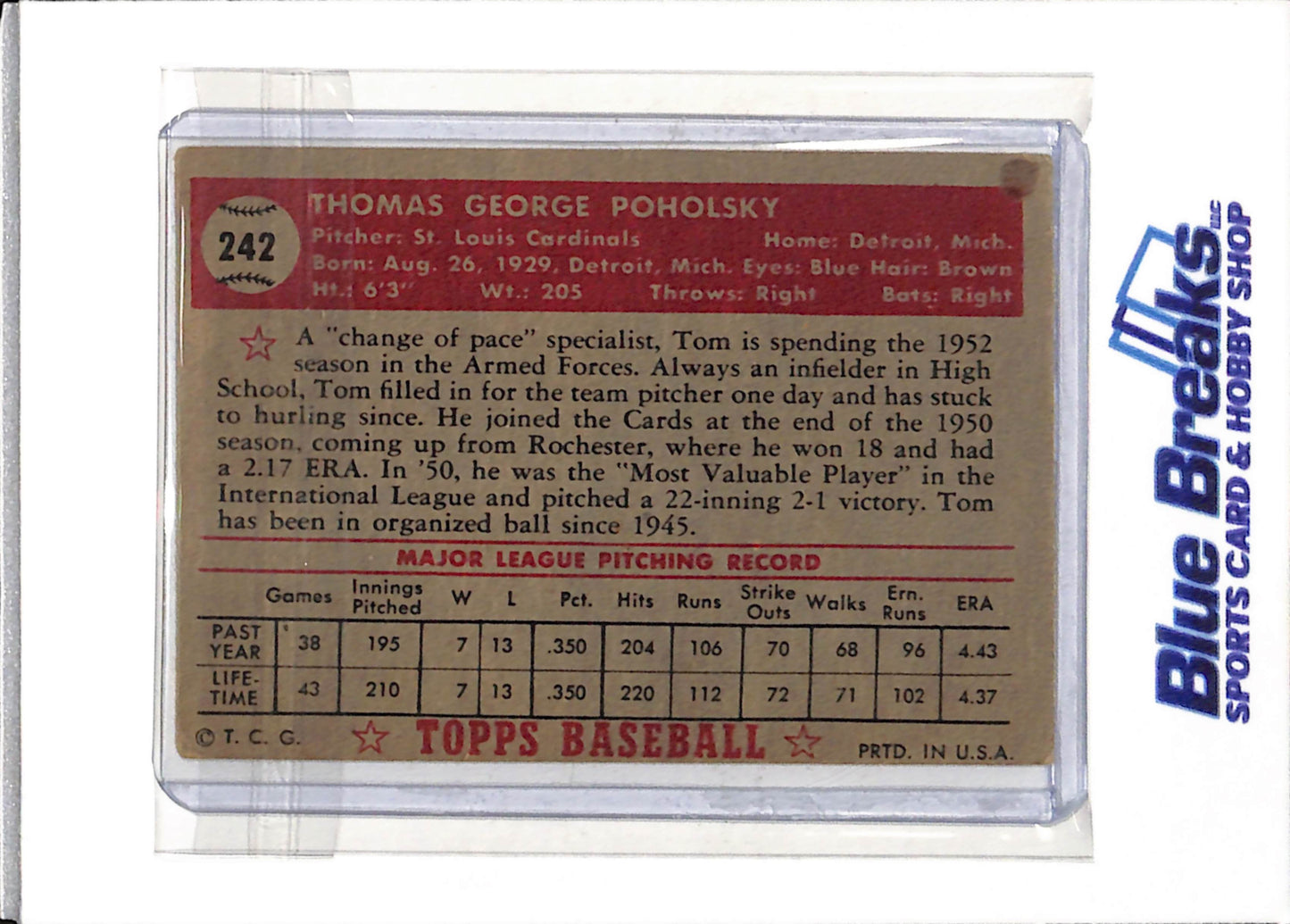 1952 Topps - Tom Poholsky - #242 - Baseball - Cardinals