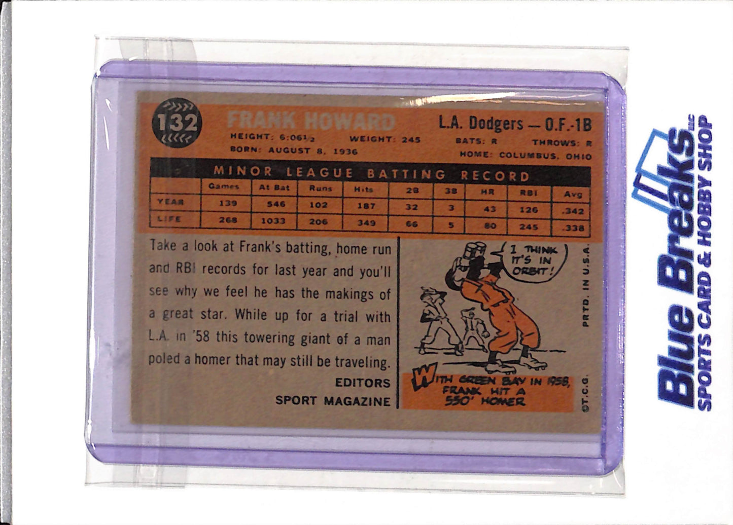 1960 Topps - Rookie Star - Frank Howard - #132 - Baseball - Dodgers - drop