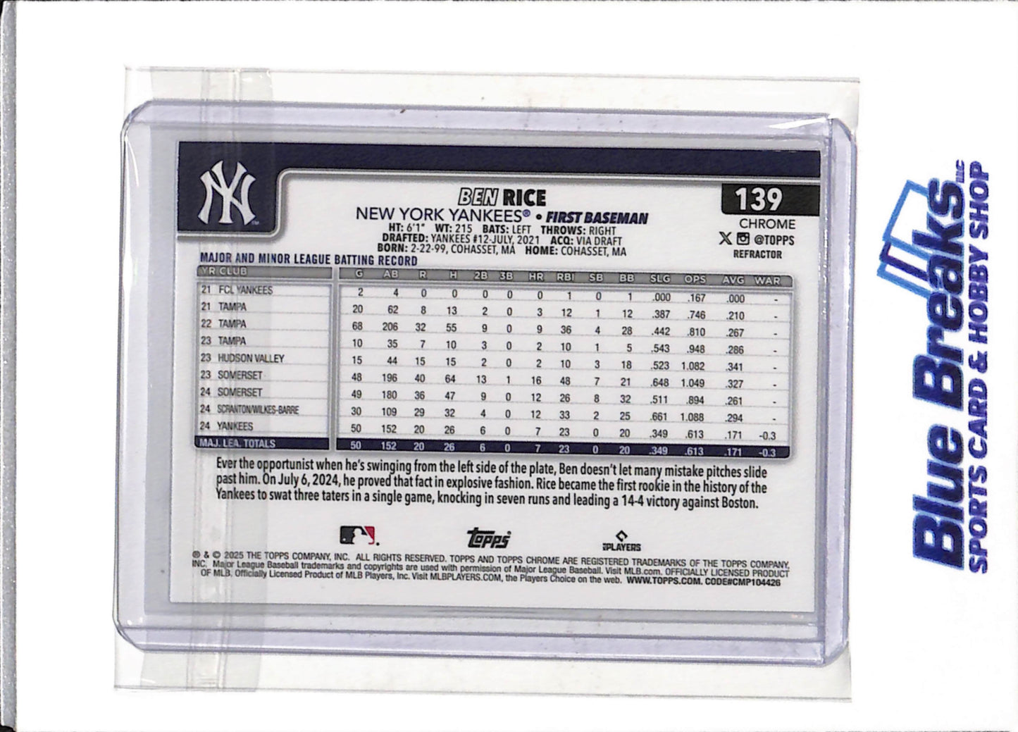 2025 Topps - Chrome - Rookie Card - Silver Refractor - Ben Rice - #139 - Baseball - Yankees