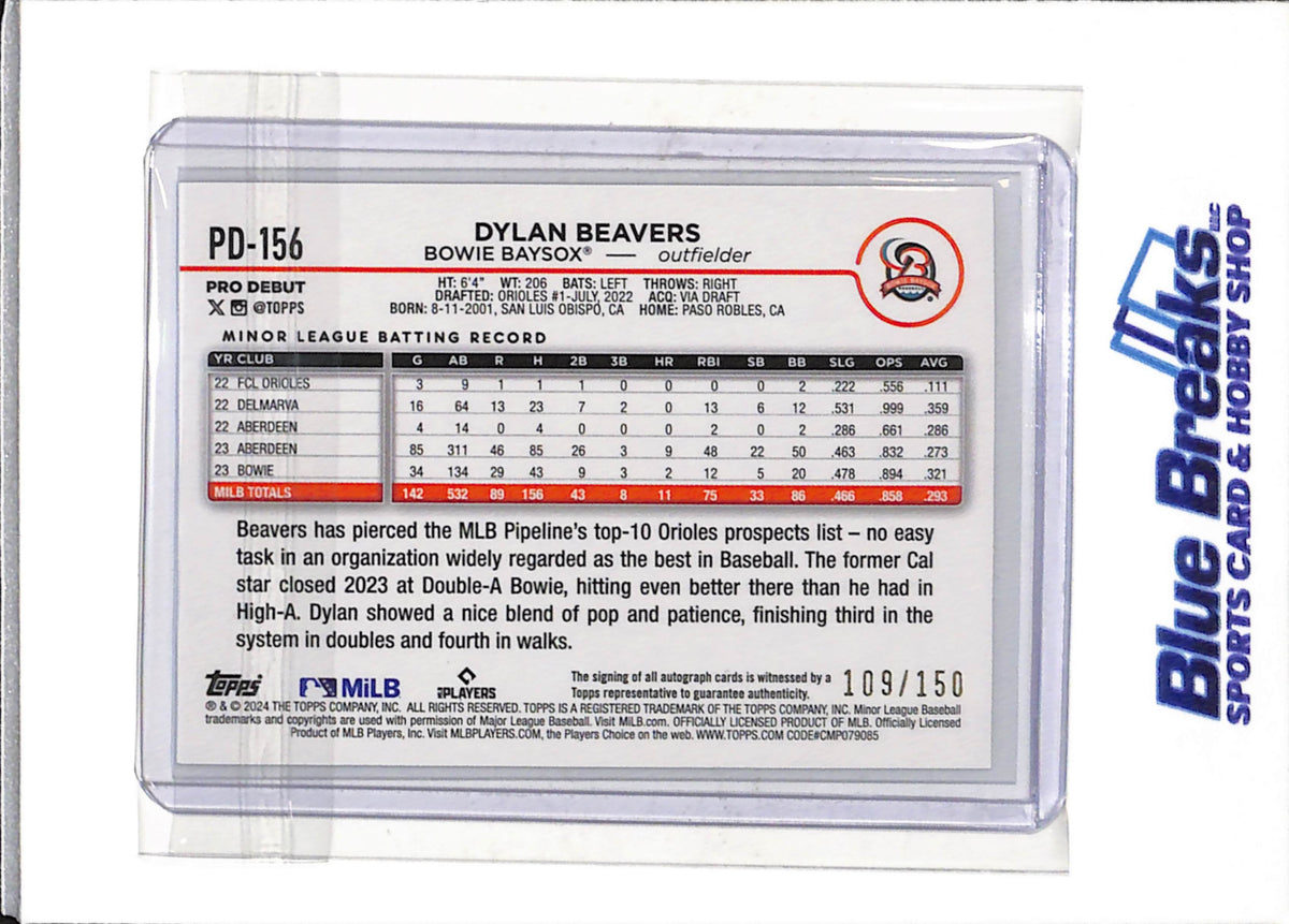 2024 Topps - Pro Debut - Blue Border - Dylan Beavers - 109/150 - #PD-156 - Baseball - Baysox