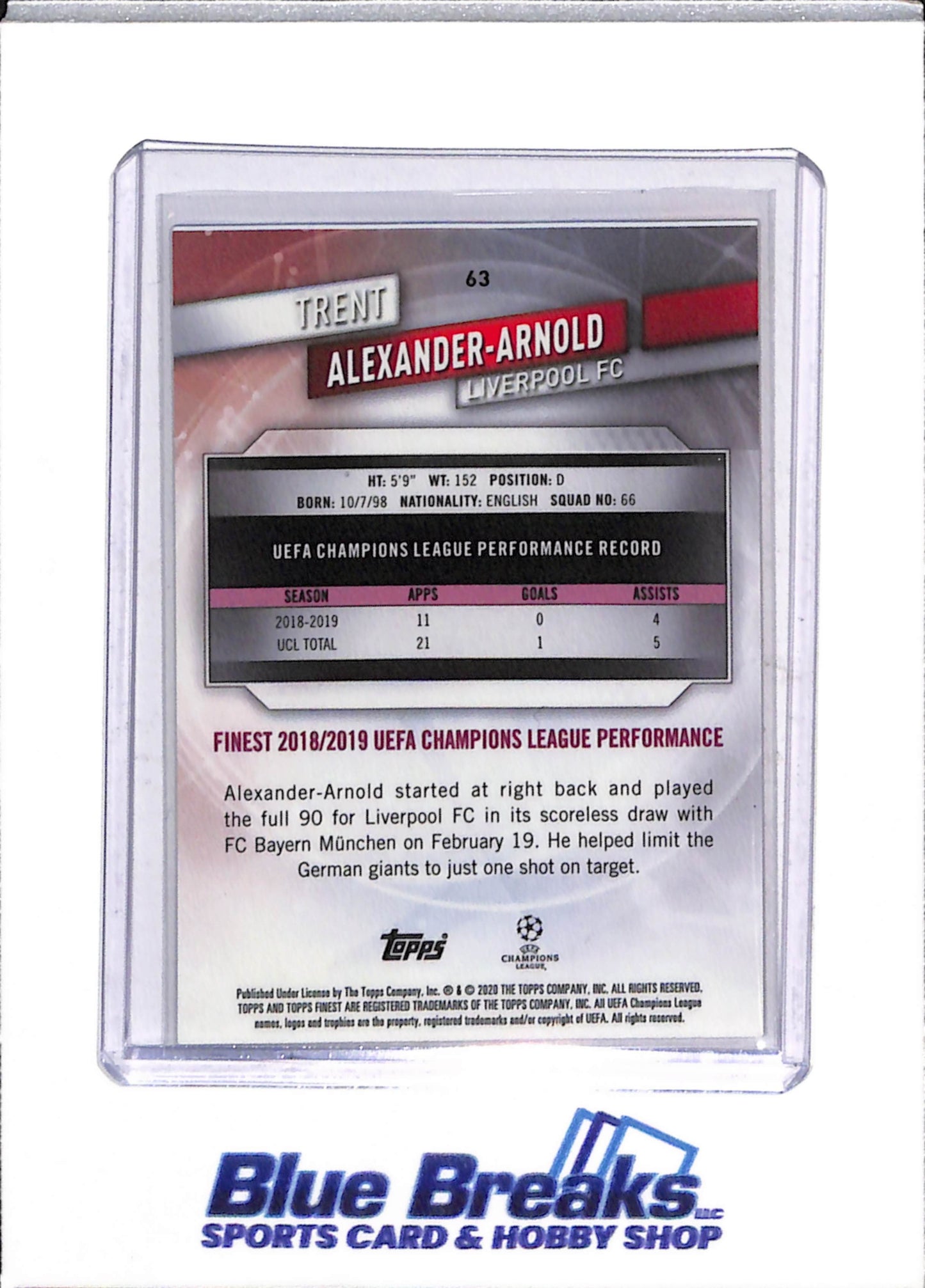 2020 Topps Finest Champions League Trent Alexander-Arnold 3/250 #63 Liverpool FC