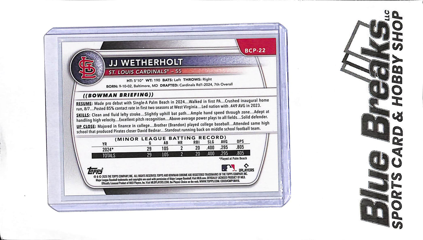 2025 Bowman - JJ Wetherholt - 1st Bowman - BCP-22 - Aqua Xfractor 093/125 - Baseball - Cardinals