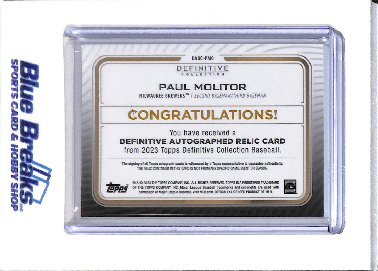 2023 Topps - Definitive Collection - Relic Auto - Green Border - Paul Molitor - 08/10 - #DARC-PMO - Baseball - Brewers - drop