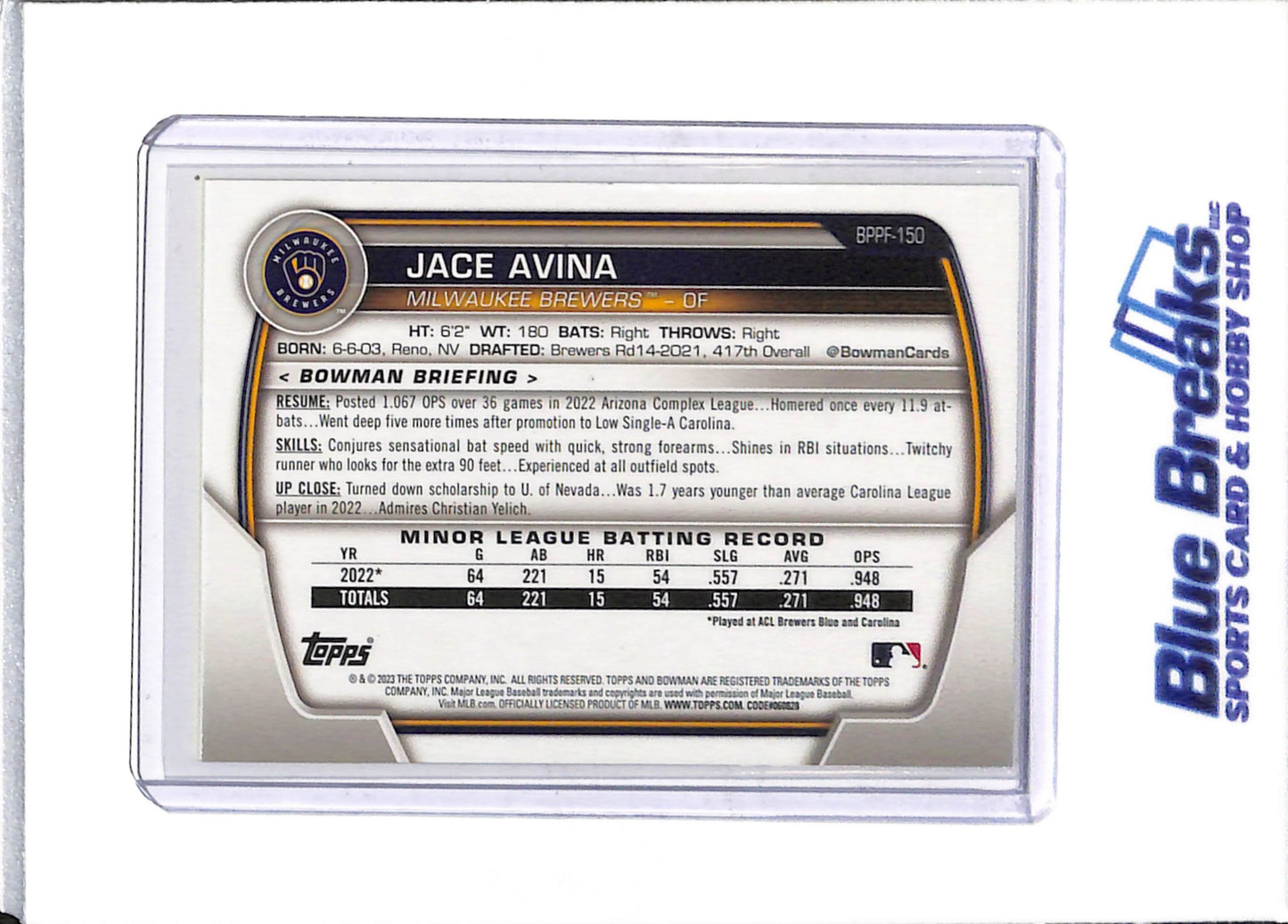 2023 Bowman - 1st - Yellow Foil - Jace Avina - 18/75 - #BPPF-150 - Baseball - Brewers - drop