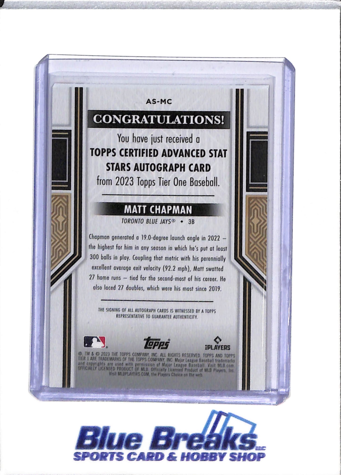 2023 Topps - Tier One - Advanced Stat Stars - Auto - Matt Chapman - 16/25 - #AS-MC - Baseball - Blue Jays - drop