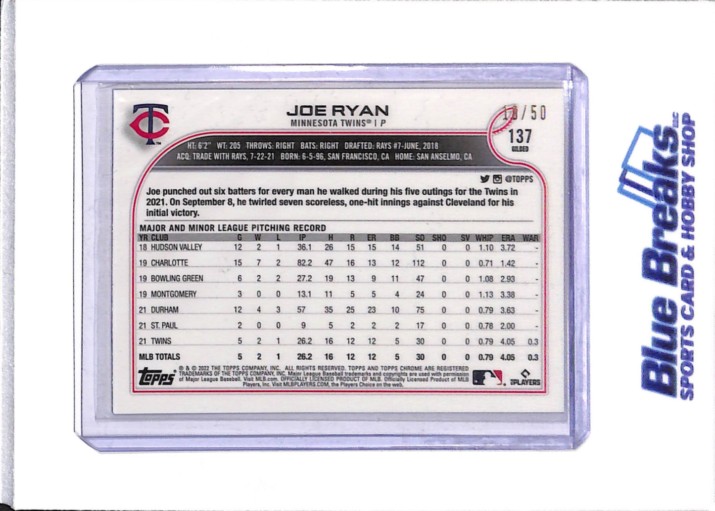 2022 Topps - Chrome - Rookie Card - Gold Foil - Joe Ryan - 19/50 - #137 - Baseball - Twins - drop