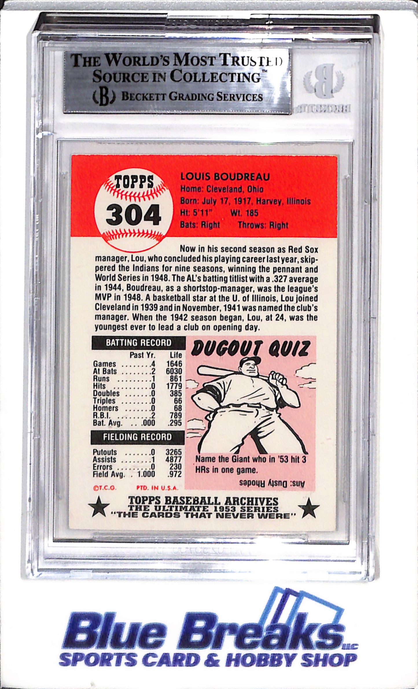 1991 Topps - Archives - 1953 Auto - Lou Boudreau - Beckett Authentic - #304 - Baseball - Red Sox
