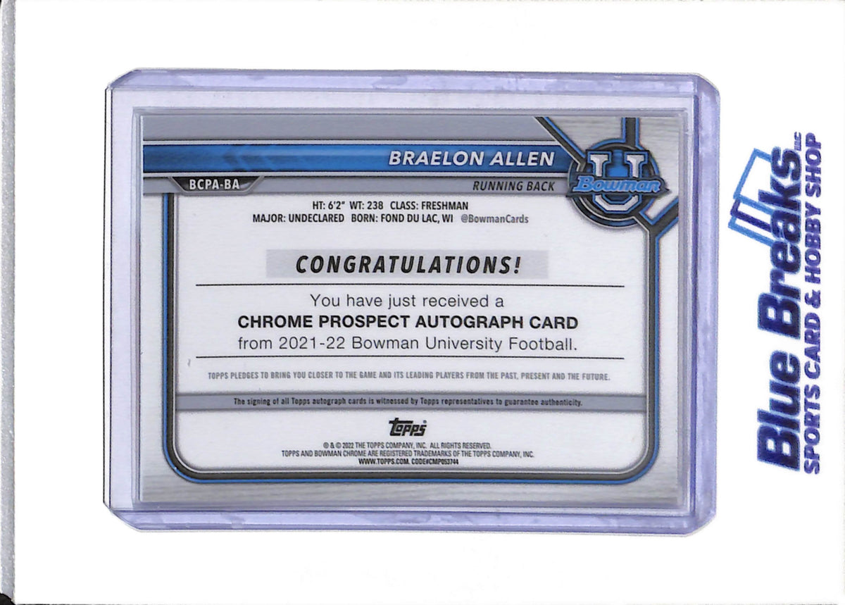2021-22 Topps - Bowman U - 1st - Auto - Rookie Card - Chrome Refractor - Braelon Allen - #BCPA-BA - Football - Jets
