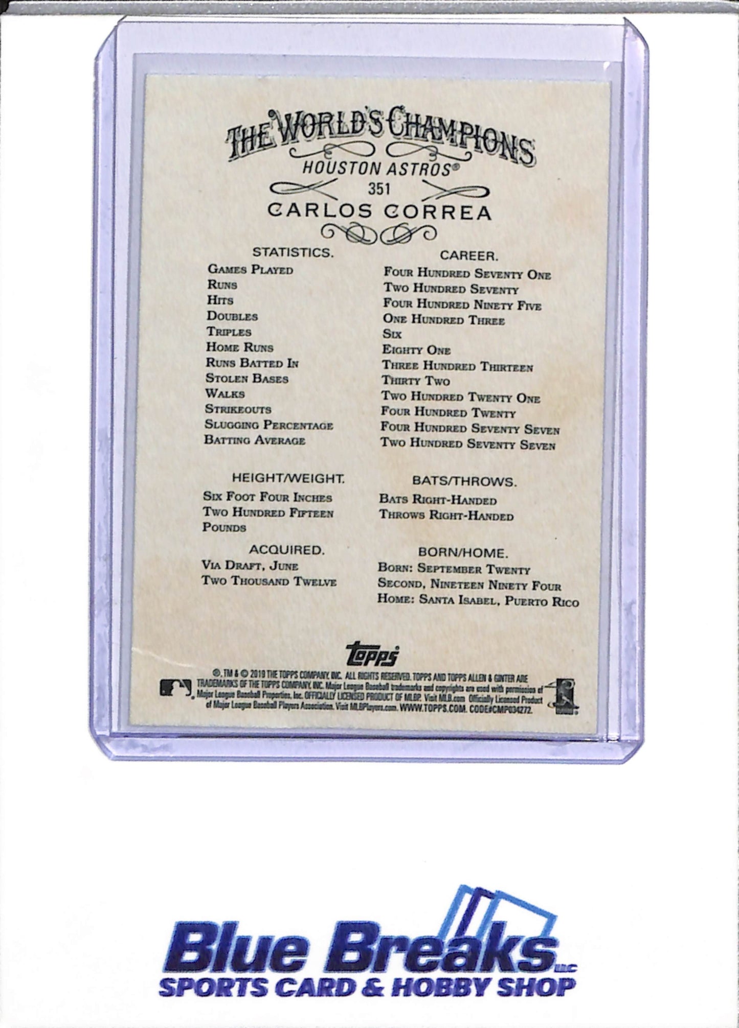2019 Allen & Ginter - Auto - Carlos Correa - #351 - Baseball - Astros